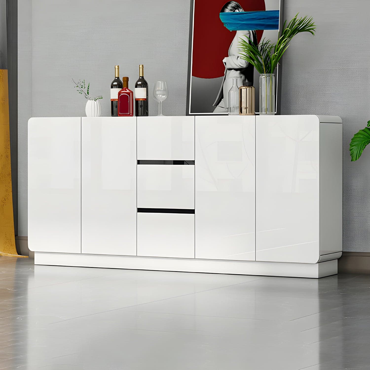 White Modern Sideboard Credenza with Adjustable Shelving and 3 Drawers thumbnail 3