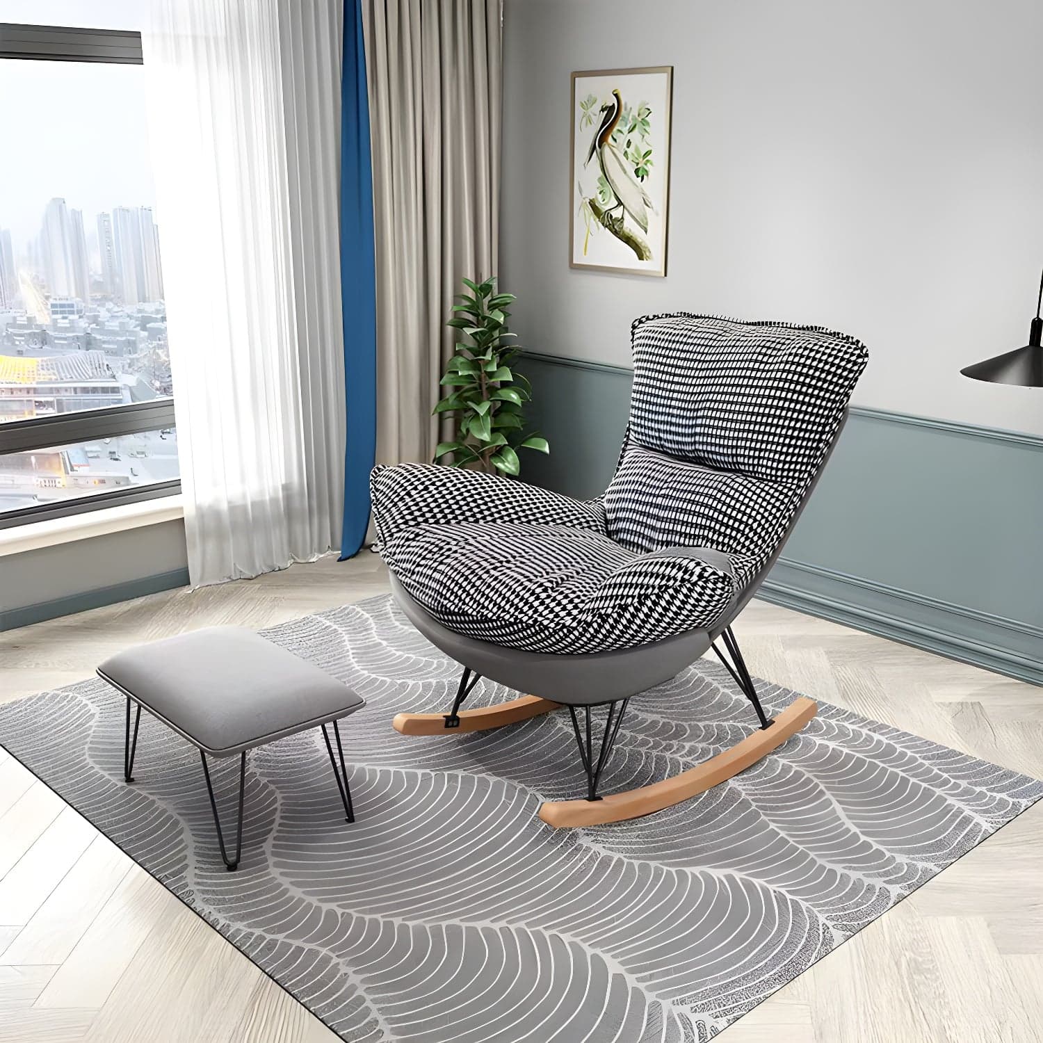 Glam Rocking Accent Chair Upholstered Antique Finish Rocking Chair with Ottoman thumbnail 4