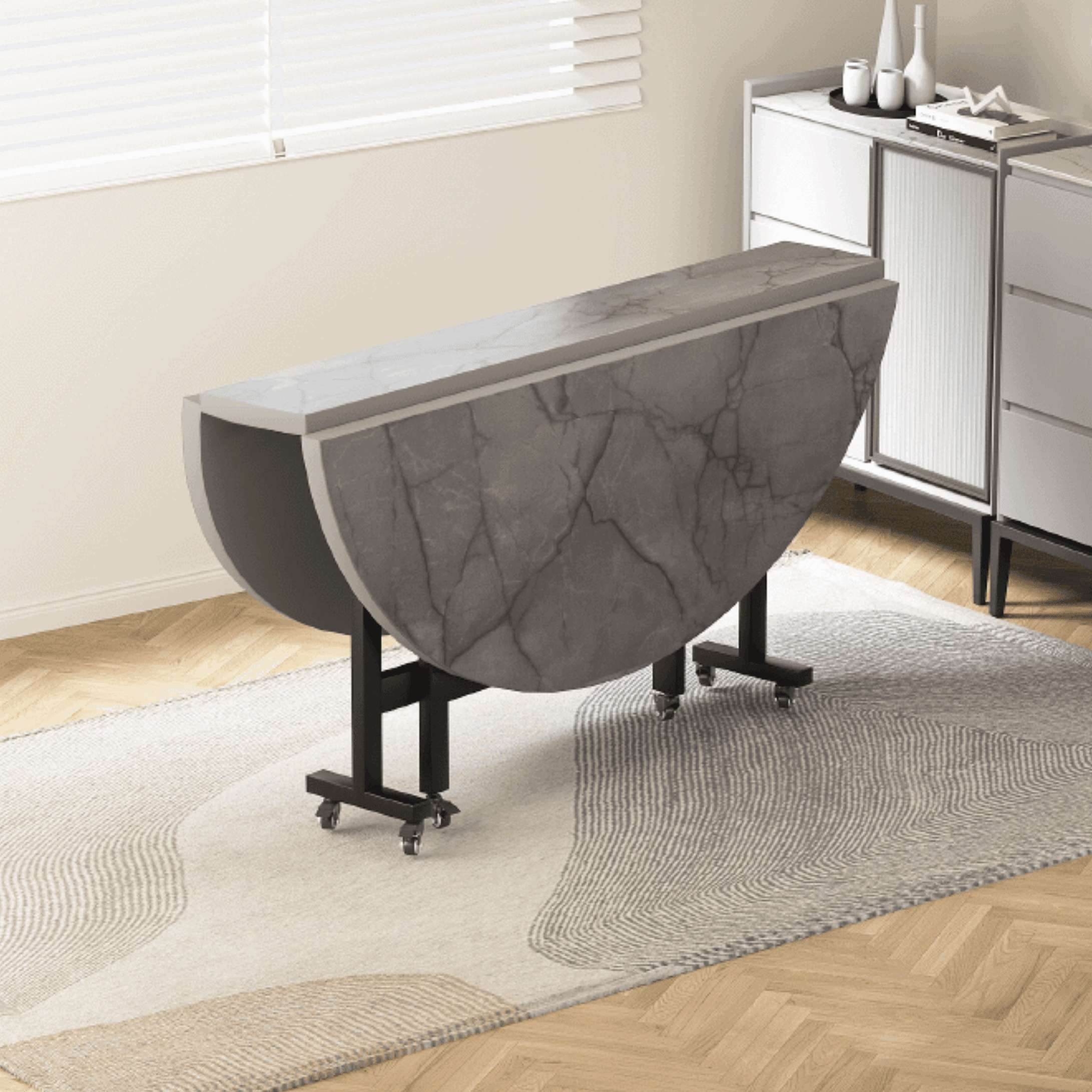 Contemporary Circular-shaped Timber Dining Table in Gray, Extendable thumbnail 4