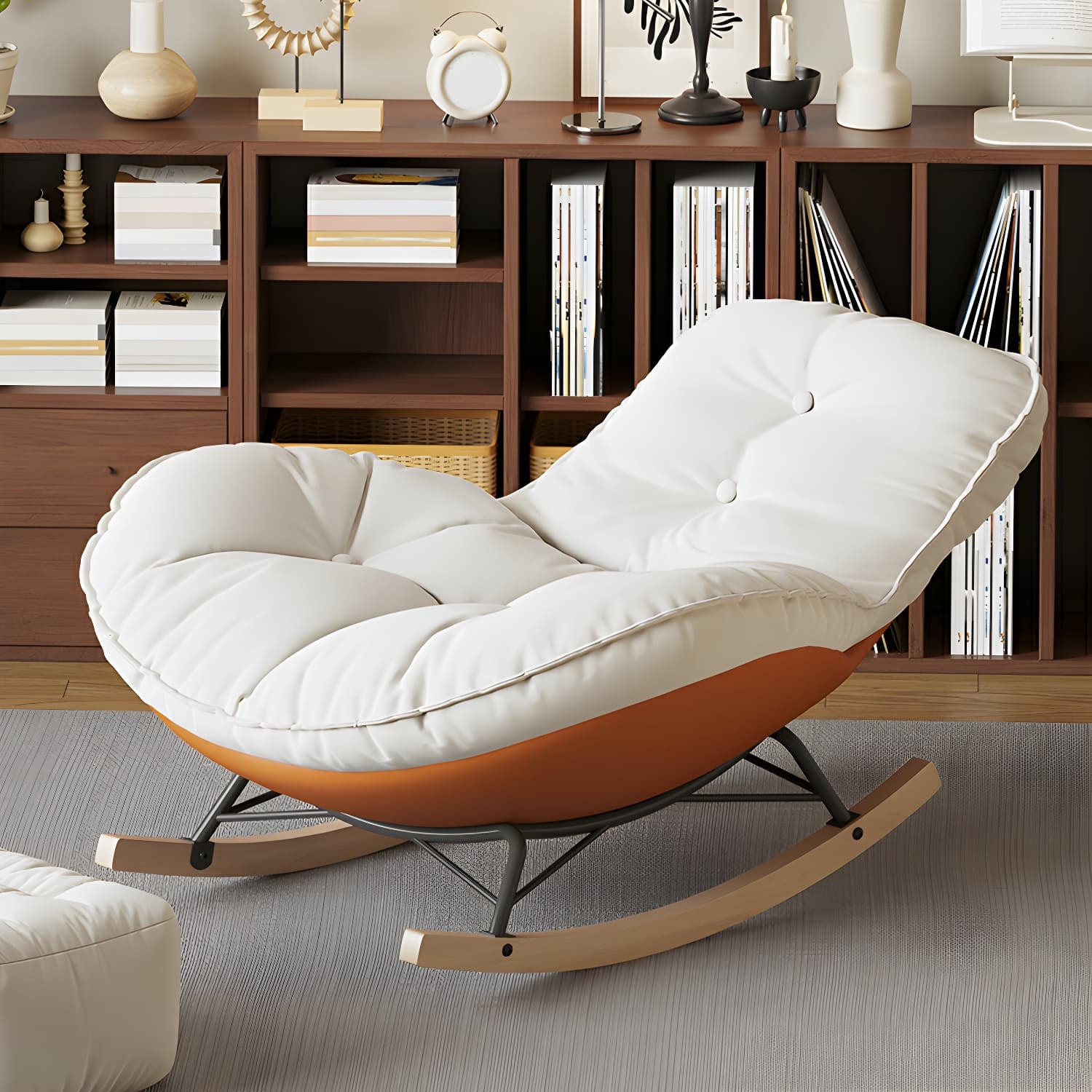 Contemporary Upholstered Rocking Chair with White Tufted Flannel Cushion and Solid Wood Legs thumbnail 7