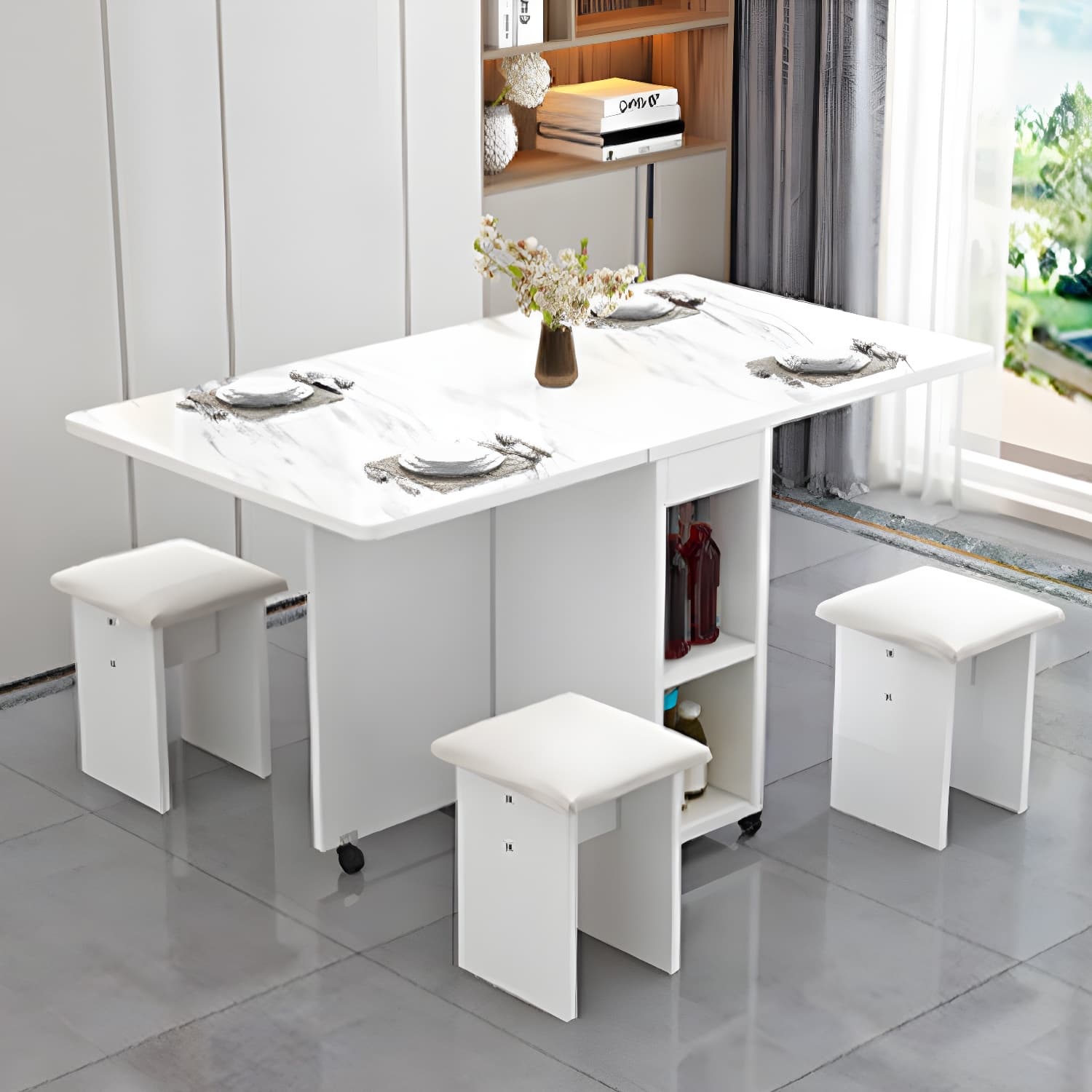 5-Piece Modern Wood Dining Set with Rectangle Table and White Backless Stools thumbnail 6
