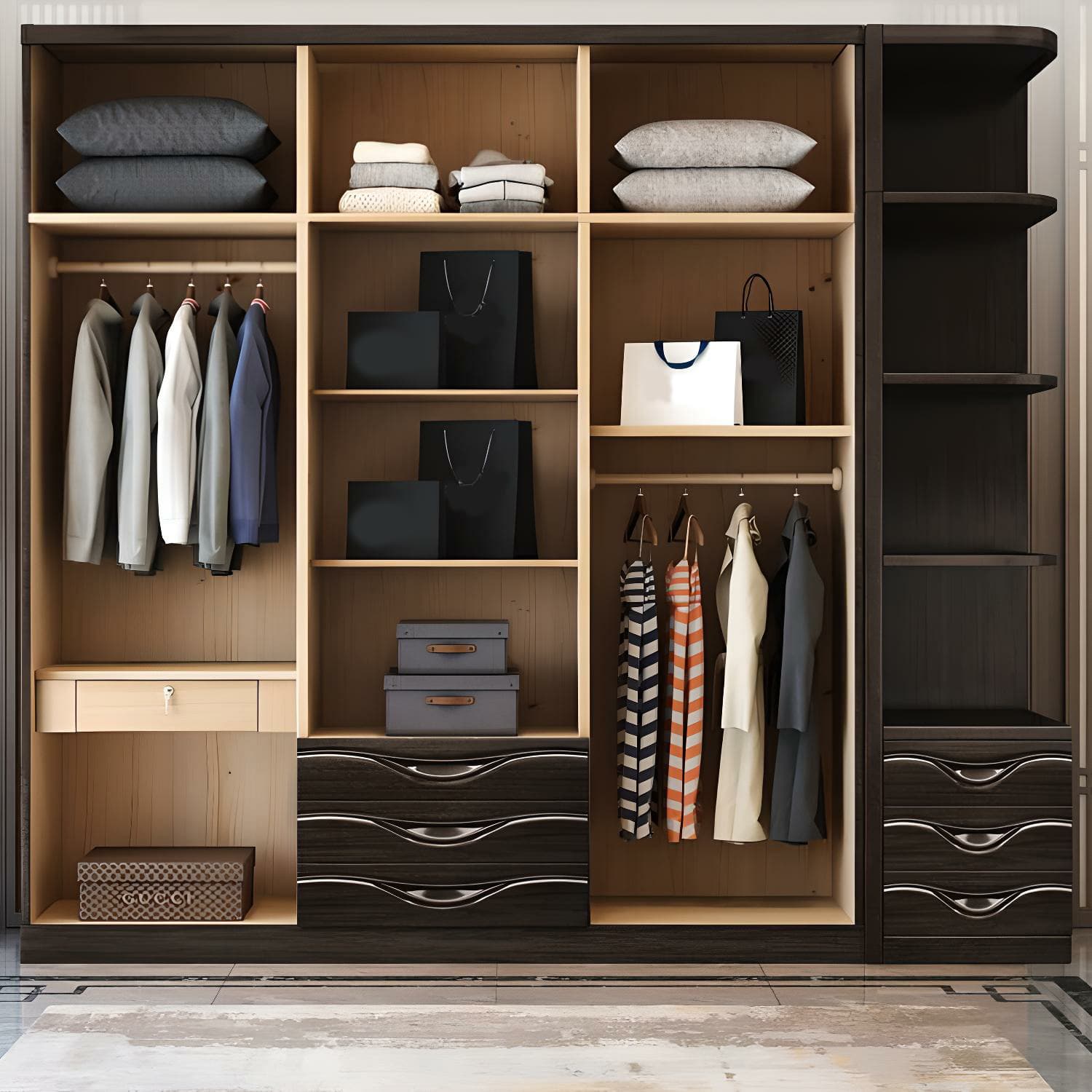 Traditional Black-brown Storage Wood Wardrobe with Clothing Rod and Shelves thumbnail 6