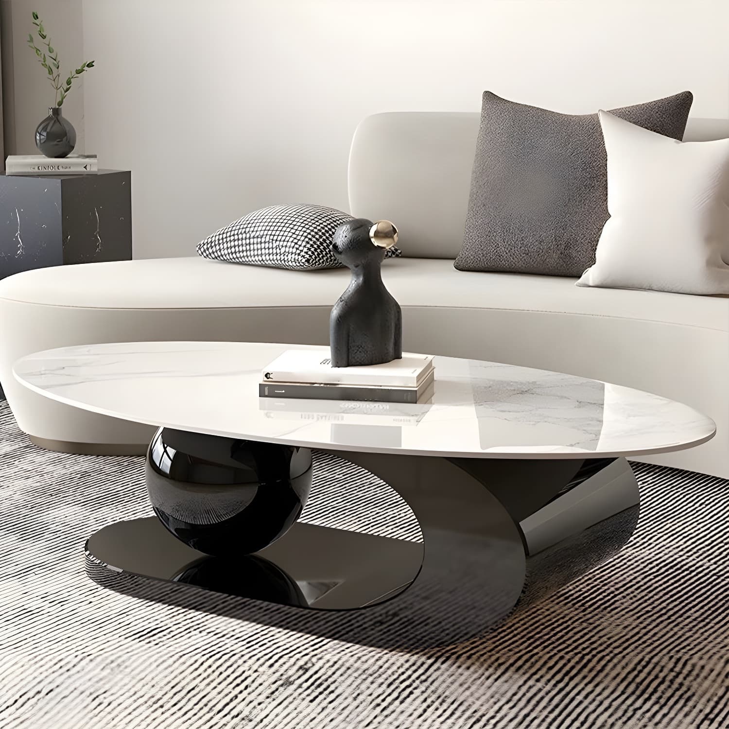 Glam Stone Coffee Table - Beige Oval Shape with Abstract Stainless Steel Base and Scratch Resistant thumbnail 1