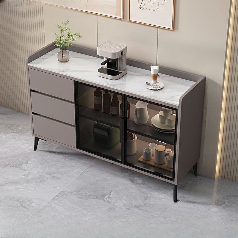 Stone Top Modern Wood Sideboard Credenza with 3 Drawers and Glass Doors thumbnail 4