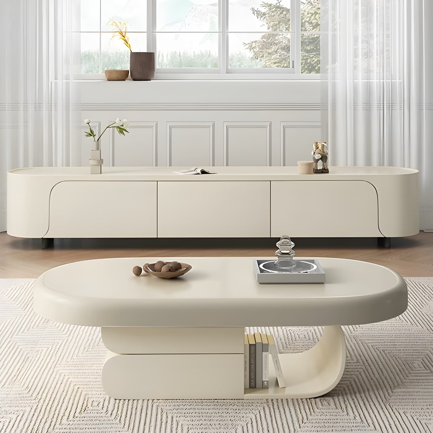 Modern Oval White Coffee Table with Storage, Shelves, and Drawers thumbnail 6