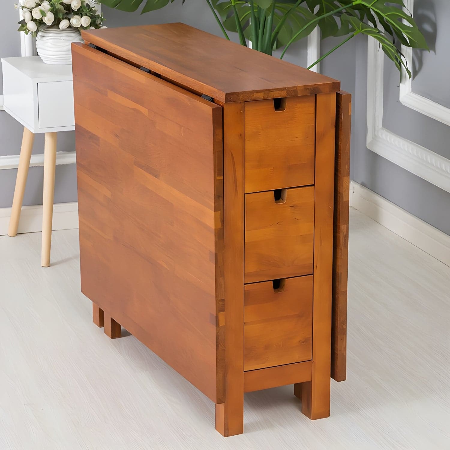 Modern Birch Wood Drop Leaf Rectangle Kitchen & Dining Table with Pedestal Base and Storage Included thumbnail 3