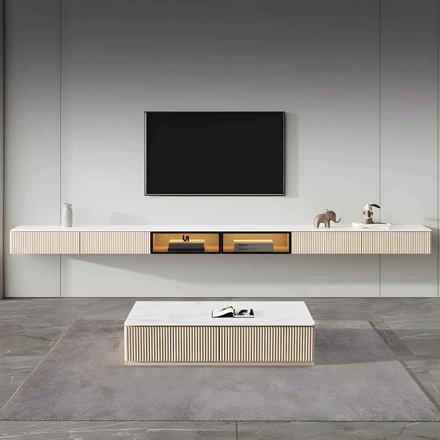 Glam Wall-mounted TV Media Stand Slate Top Wood Frame with Storage thumbnail 3