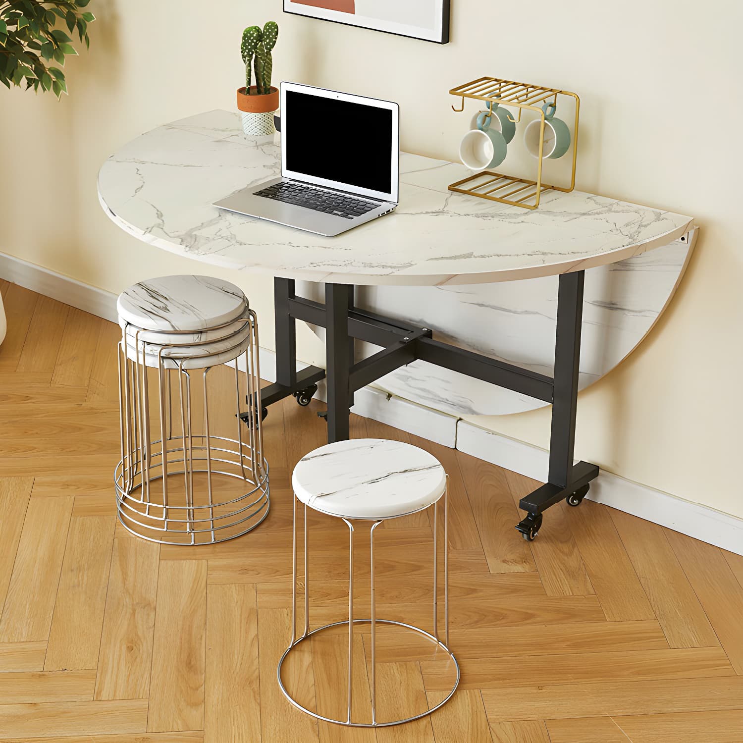Modern Foldable Manufactured Wood Round Top Dining Table with Movable Steel Black Trestle thumbnail 5