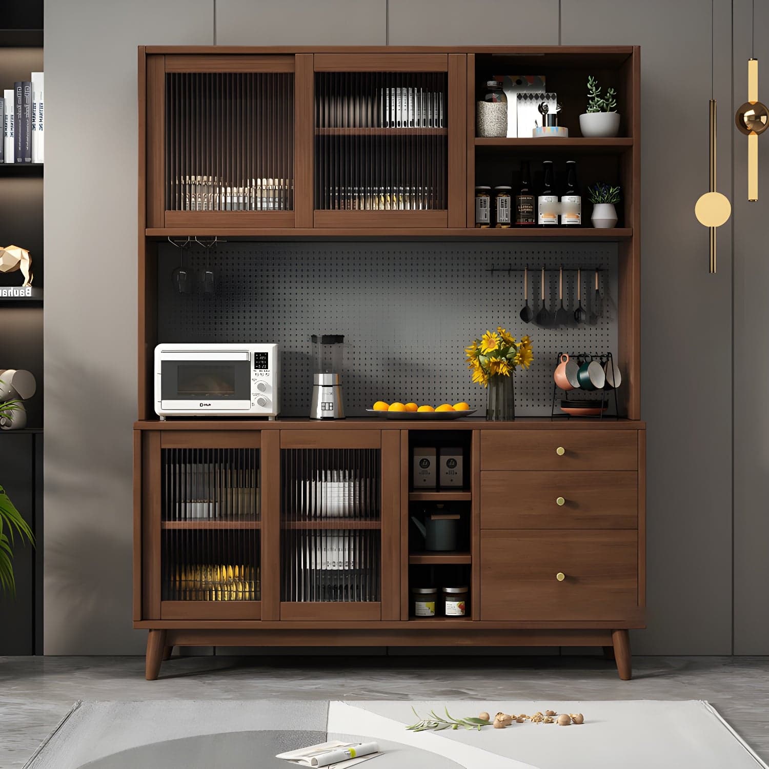 Modern Style Solid Wood Storage Sideboard Cabinet with Glass Doors and Drawers thumbnail 4
