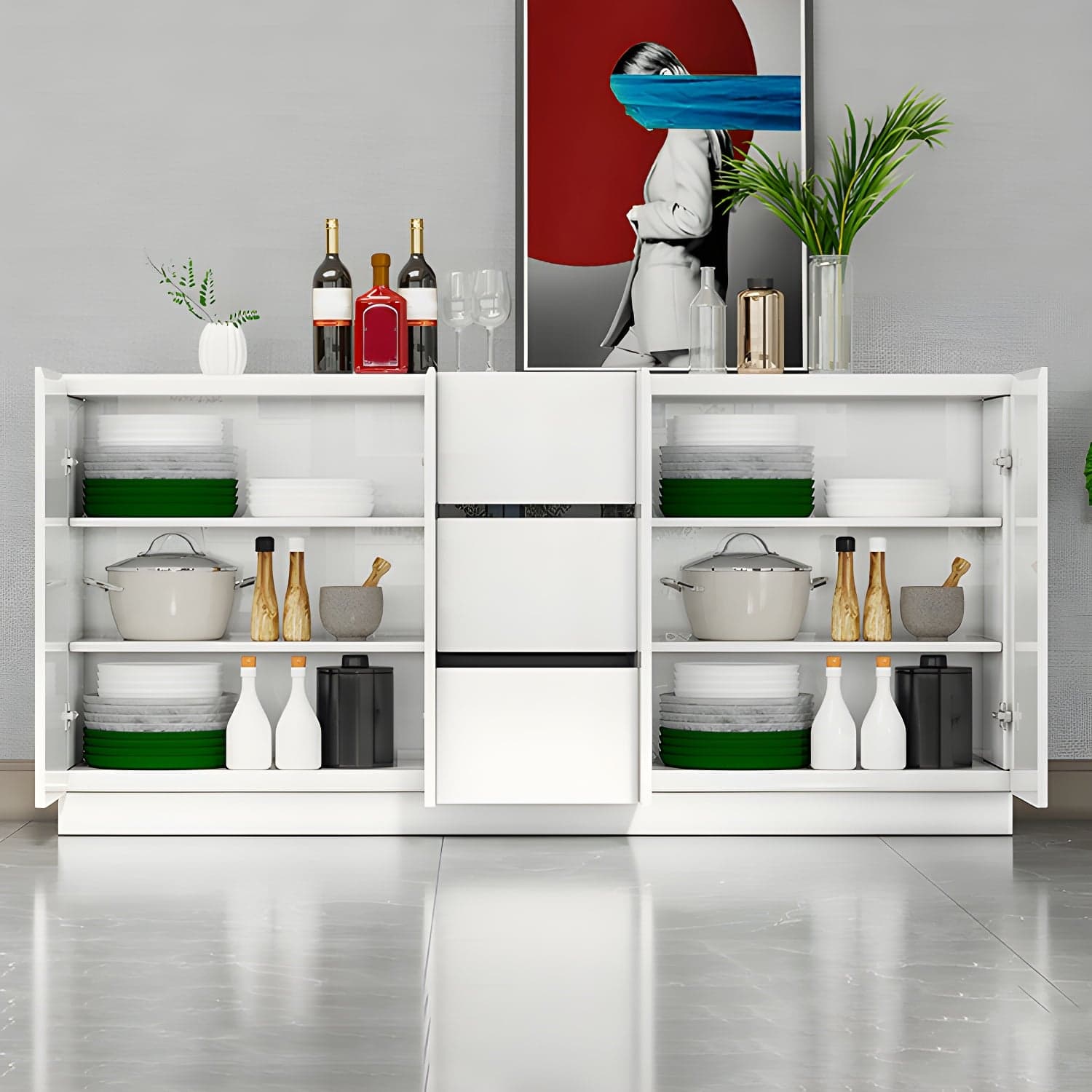 White Modern Sideboard Credenza with Adjustable Shelving and 3 Drawers thumbnail 9