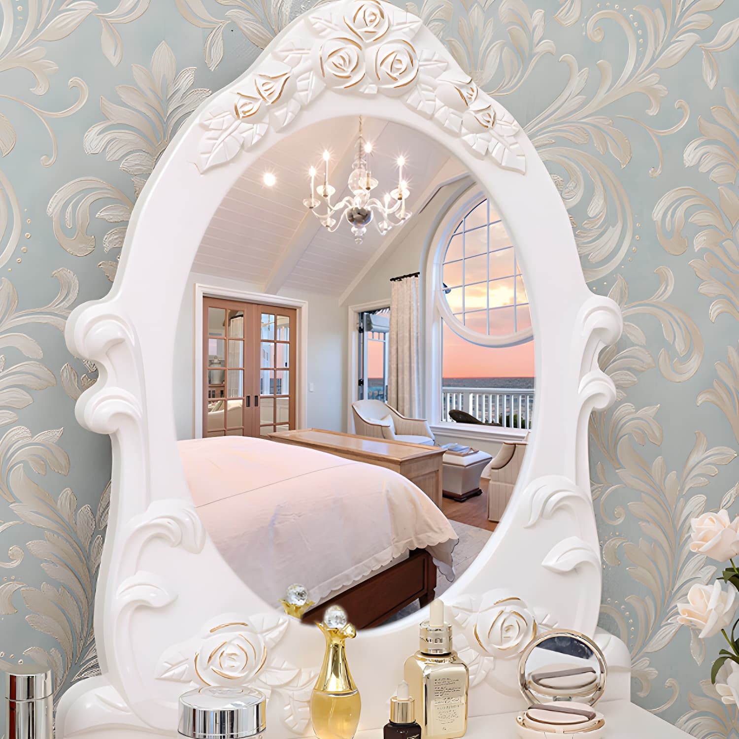 Victorian Bedroom With Drawer Mirror Solid Wood Makeup Vanity Set thumbnail 9