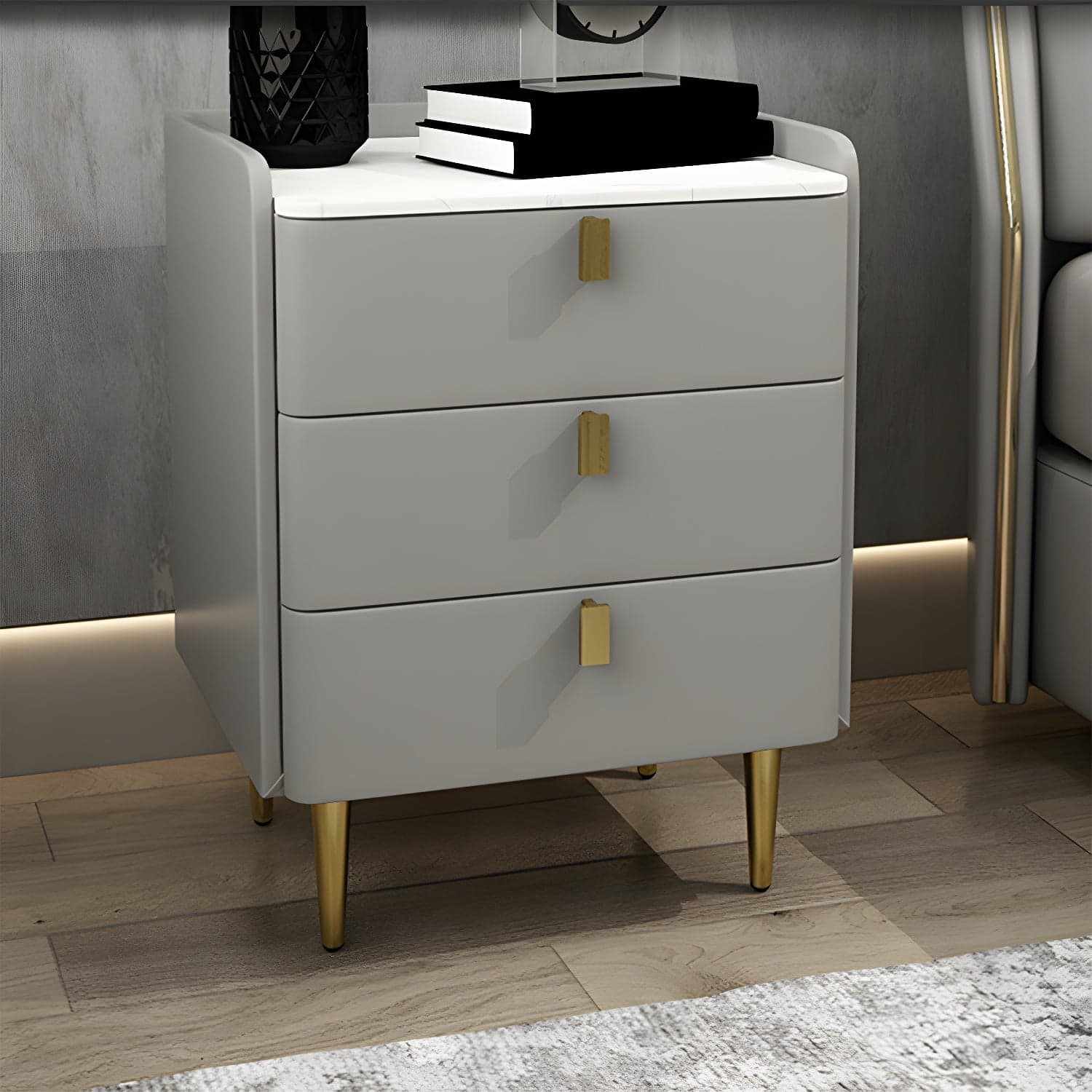 Faux Leather Nightstand Modern 3 - Drawer Nightstand with Stone Top thumbnail 8