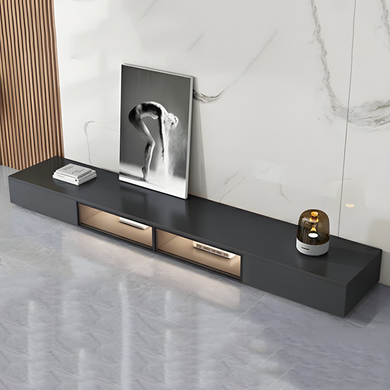 Black Modern TV Stand with Low Height and Drawers for Organized Cable Management & No Open Storage thumbnail 3
