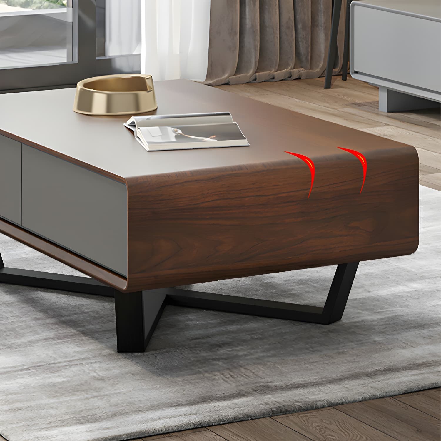 Rectangular Wood Modern Coffee Table with Black Metal Cross Legs and Storage Drawers thumbnail 13