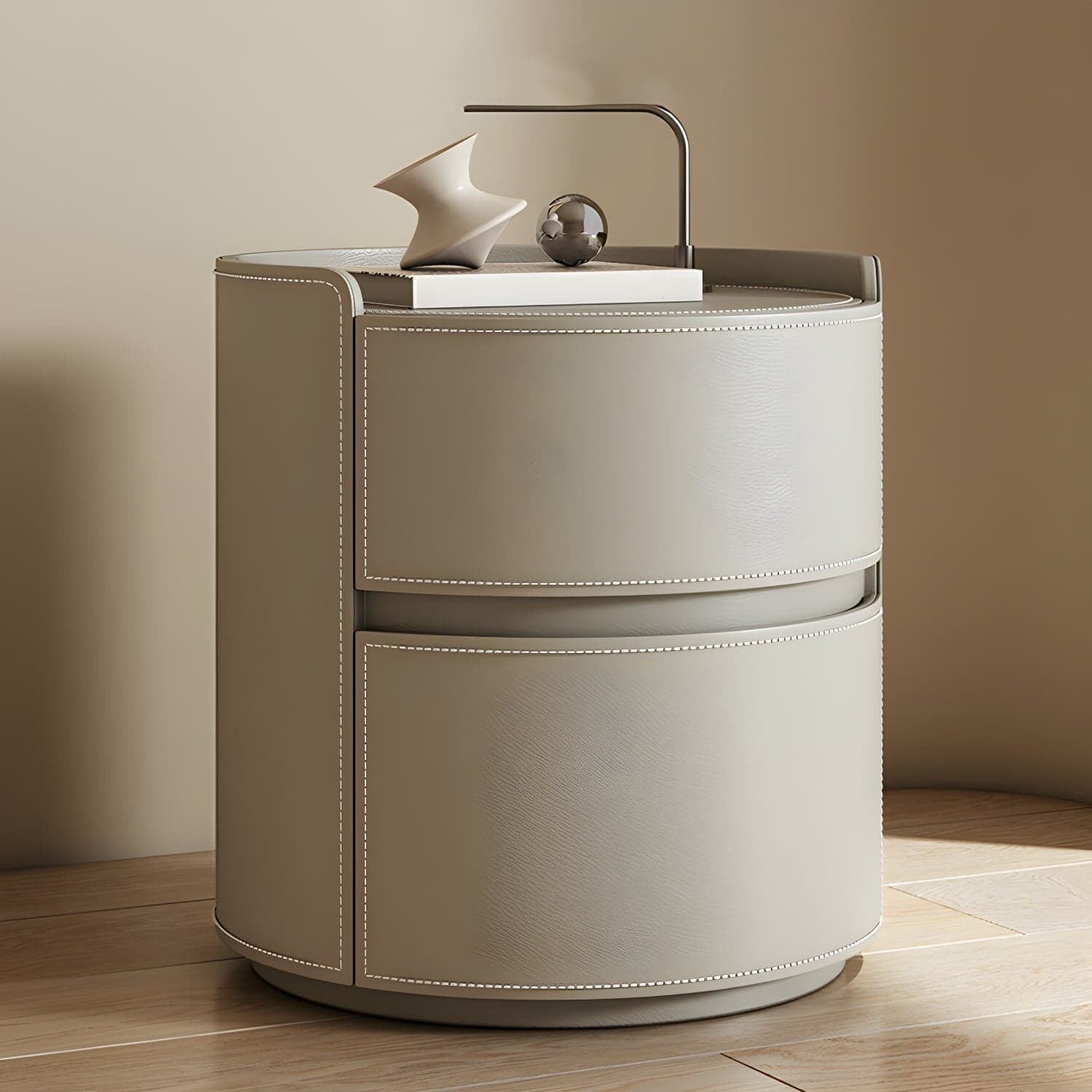Modern Faux Leather Round Nightstand with 2 Drawers in Under 21 in. Narrow Size thumbnail 4