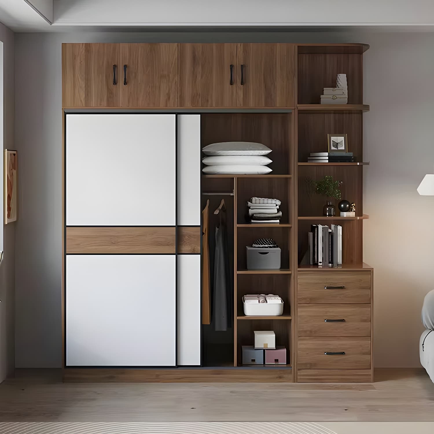 Modern Brown Wood Wardrobe Armoire with Sliding Doors, Shelves, and Clothing Rod thumbnail 10