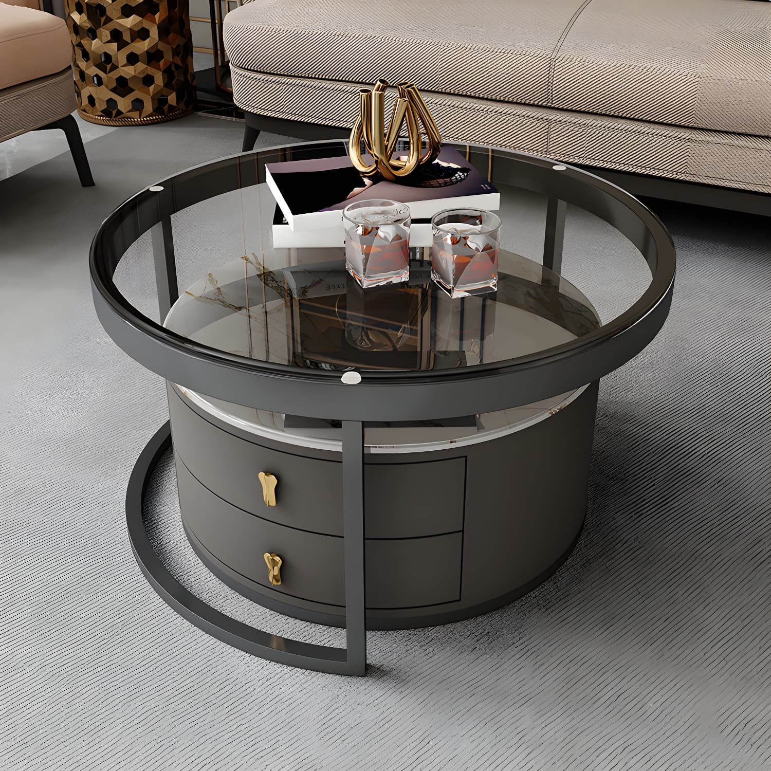 Modern Coffee Cocktail Table Round Nesting Coffee Table Set with Drawer thumbnail 10