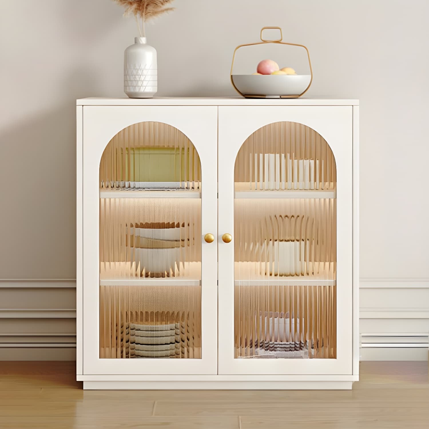 Glam White Wood Sideboard Credenza with Glass Doors and Adjustable Shelves thumbnail 13