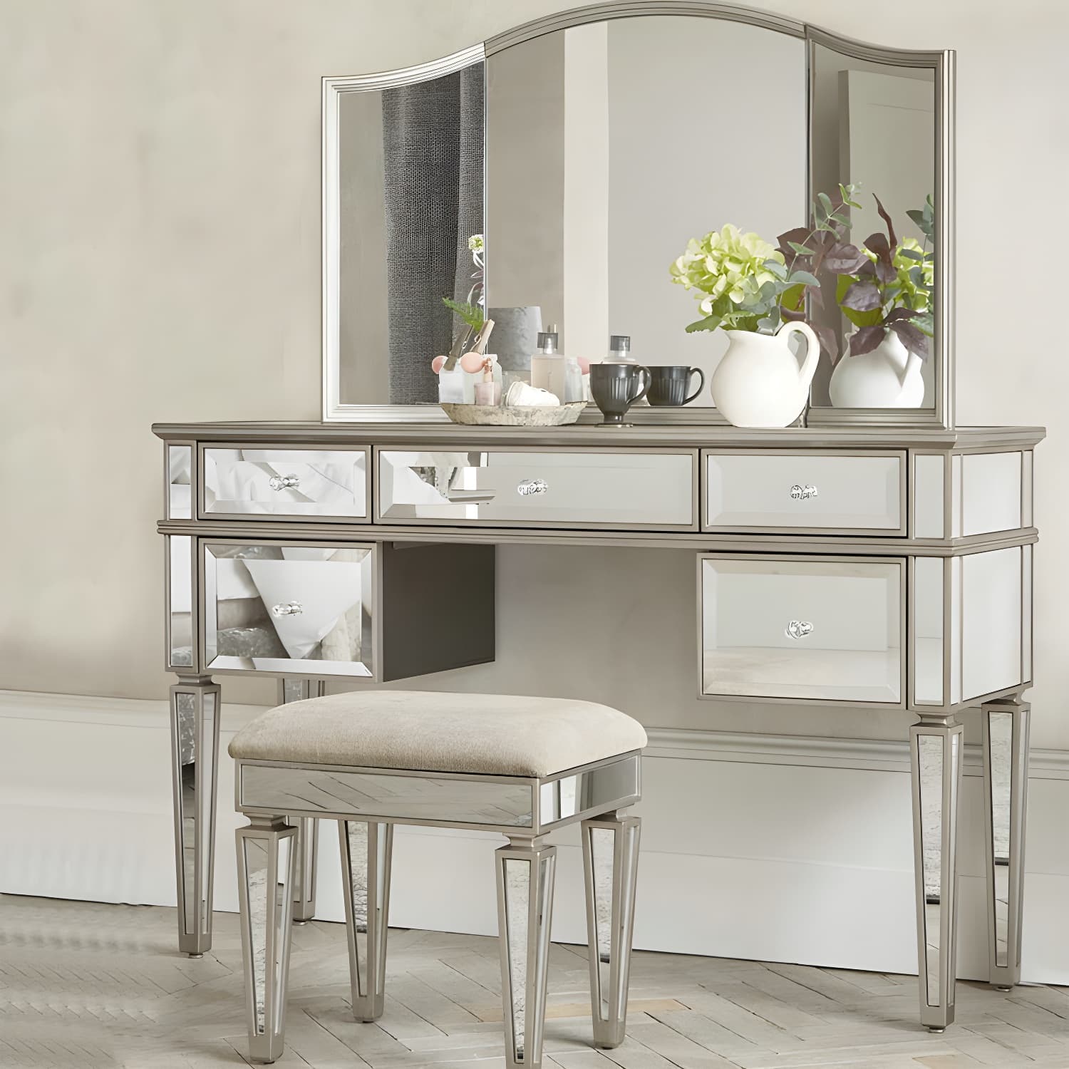 Solid Wood Vanity Dressing Table Set Contemporary Makeup Counter with Drawers thumbnail 3