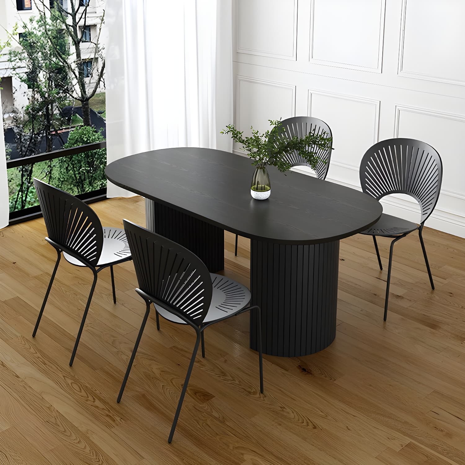 Modern Oval Dinette Table Sintered Stone Top Black Steel Double Pedestal Table thumbnail 6