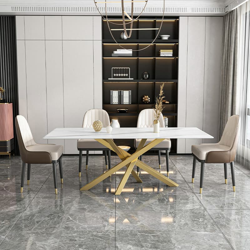 Art Deco Standard Table Height Rectangle Fixed Marble Top/Wood Dining Table with Golden Base for 8/4 People/6 People thumbnail 5