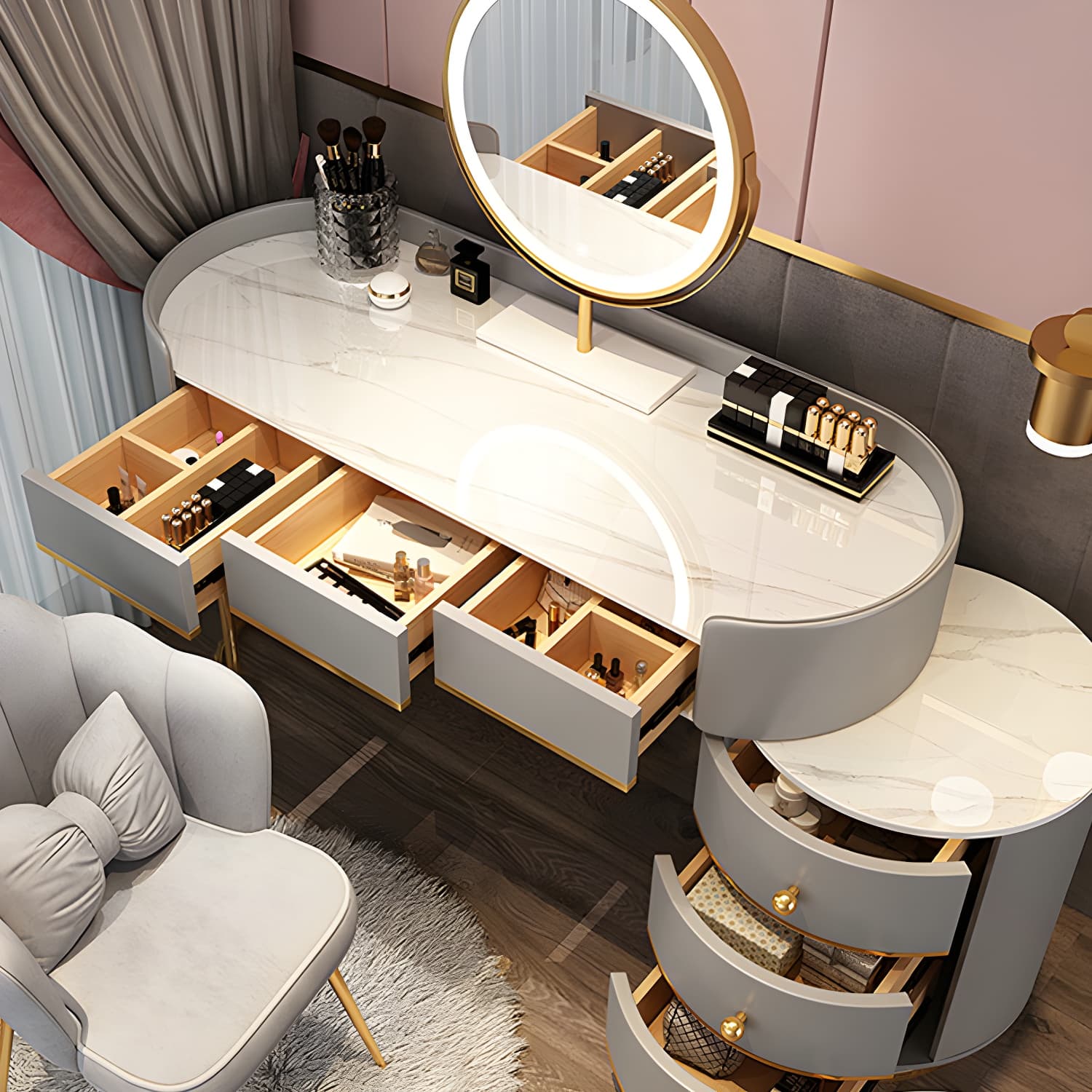 Glam Dressing Table Storage Box with Makeup with Drawers for Bedroom thumbnail 14