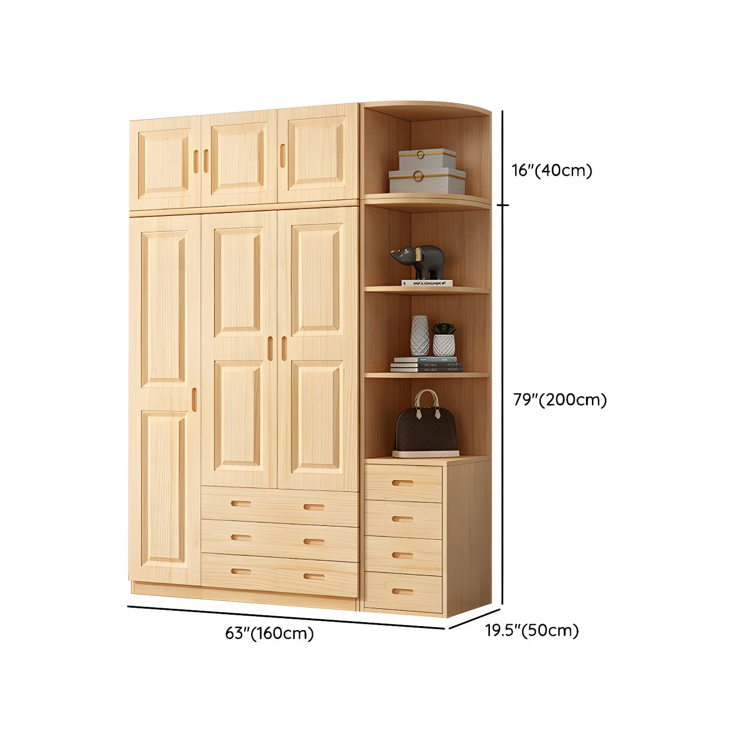 Modern Natural Pine Wardrobe Armoire with Drawers and Clothing Rod - image 38