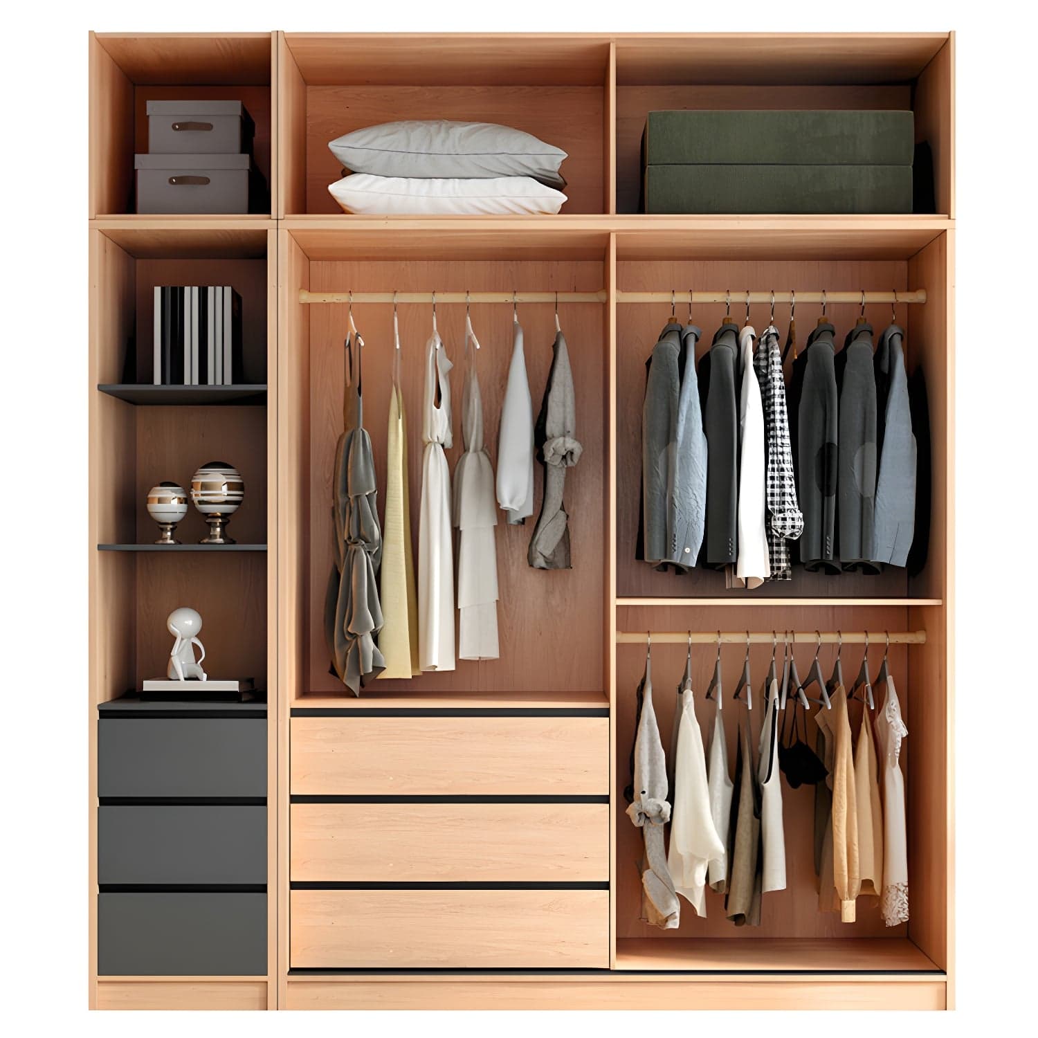 Contemporary Glass Sliding Doors Wardrobe Natural Wood Wardrobe with Drawers thumbnail 10