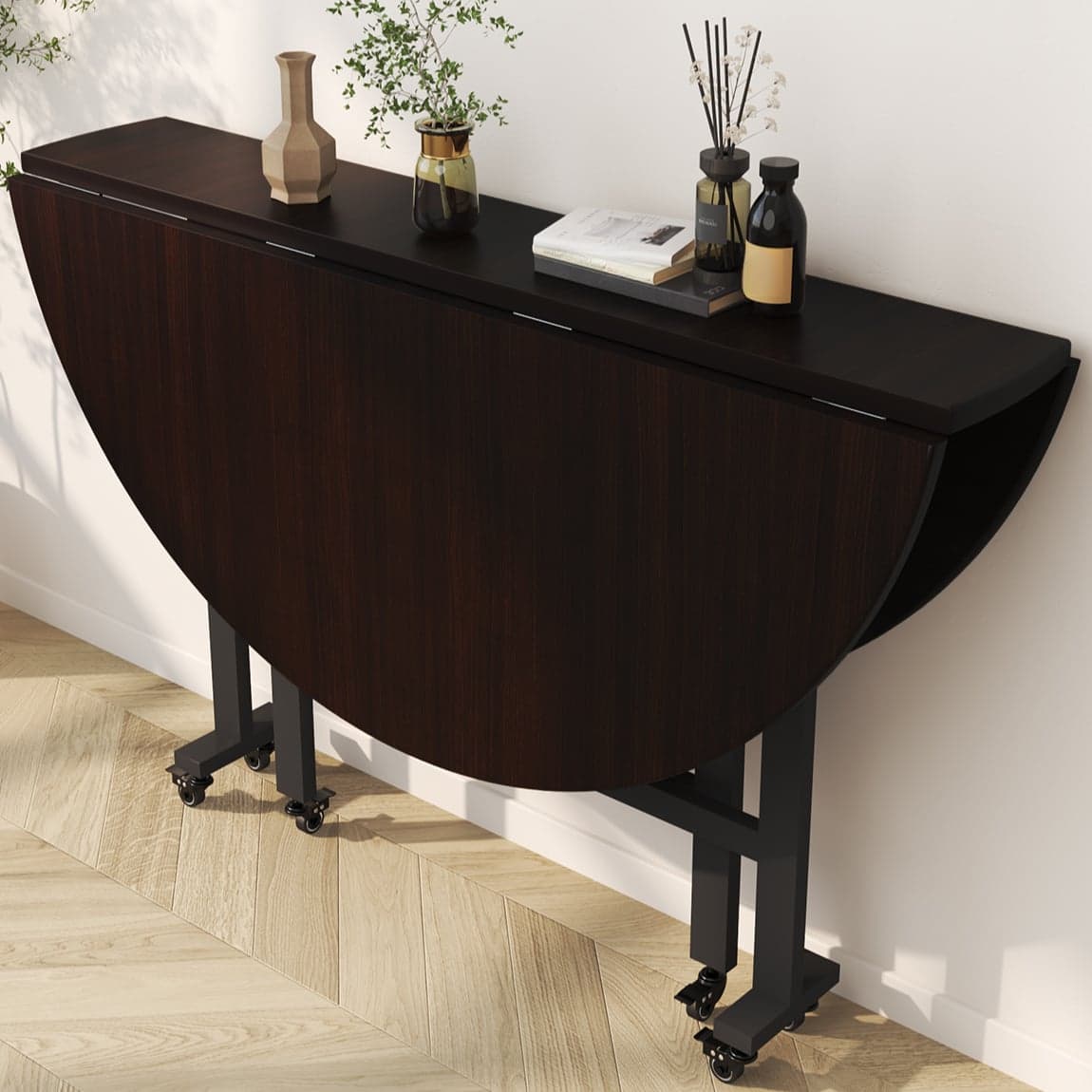 Simple Circular Weathered Wood Dining Table with MDF Top and Extendable Leaf Mechanism thumbnail 1