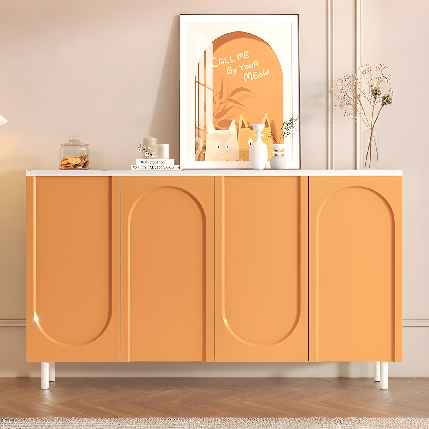 Scandinavian Wood Buffet Sideboard with Stone Countertop and Adjustable Shelves thumbnail 14