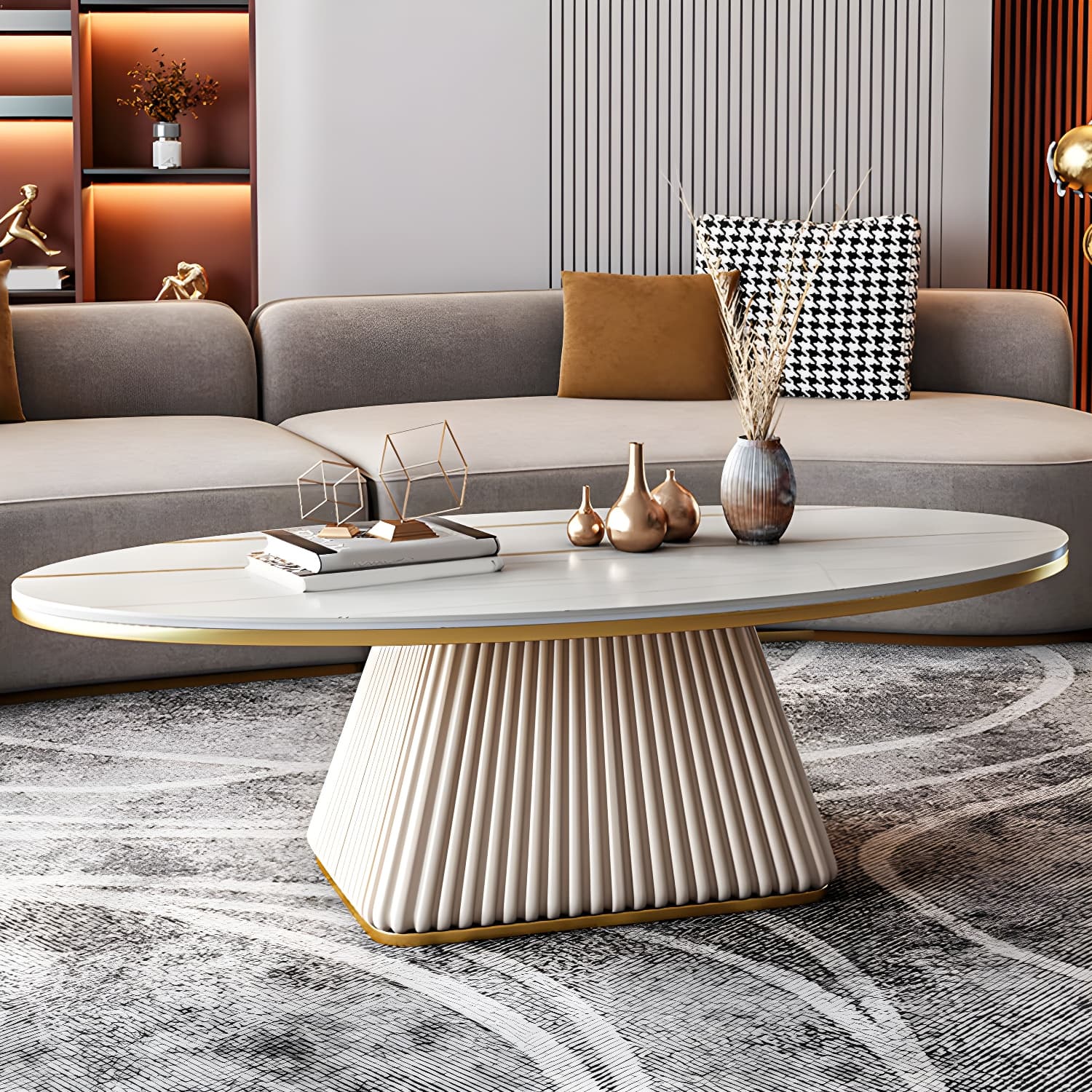 Glam Metal and Slate Cocktail Table Pedestal Coffee Table for Living Room thumbnail 13
