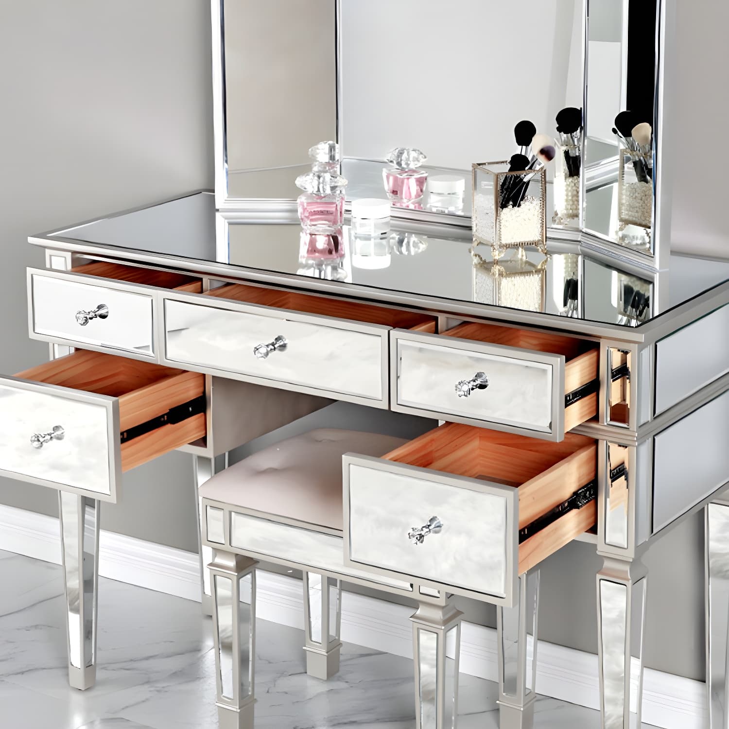 Solid Wood Vanity Dressing Table Set Contemporary Makeup Counter with Drawers thumbnail 8