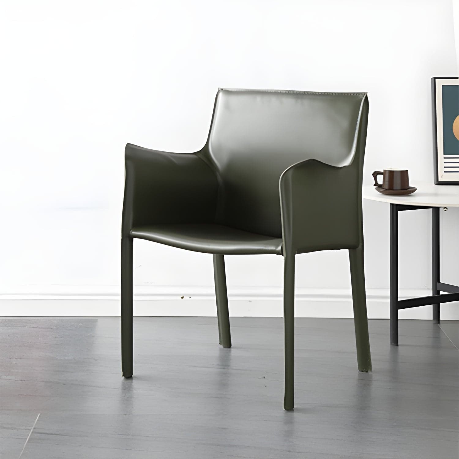 Designer Style Home Saddle Leather Arm Chair Matte Finish Solid Back Single Dining Chair thumbnail 2