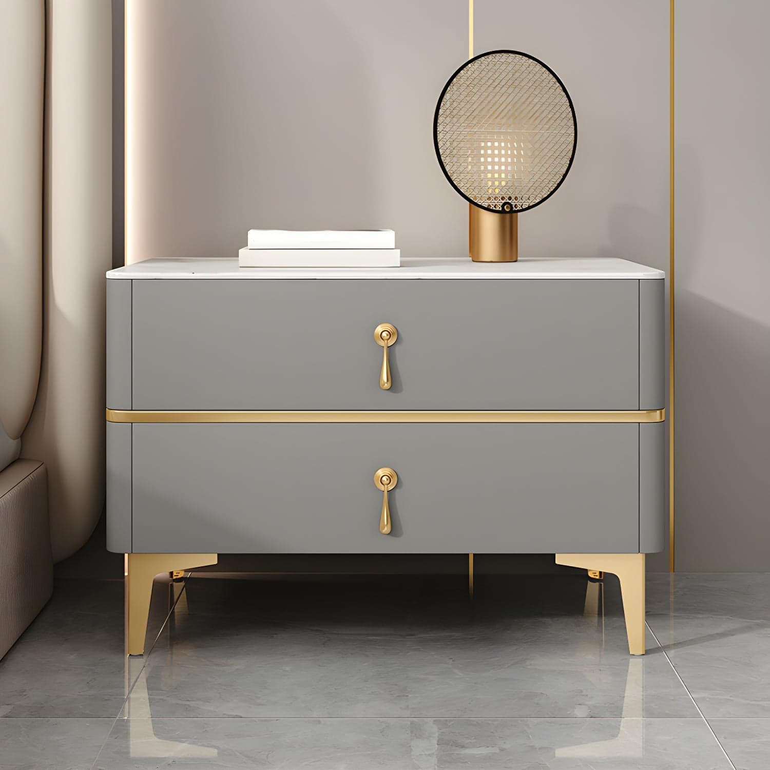 Glam Style Sintered Stone Top 2- Drawer Nightstand with Legs for Bedroom thumbnail 6