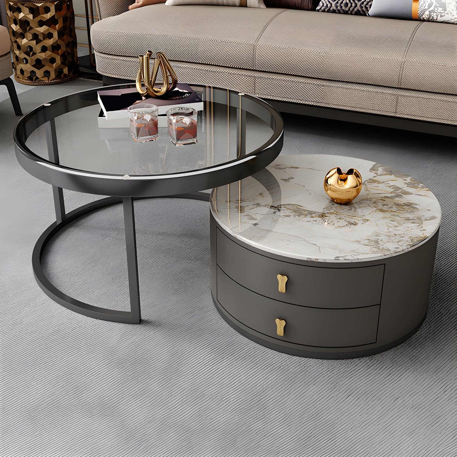 Modern Coffee Cocktail Table Round Nesting Coffee Table Set with Drawer thumbnail 4