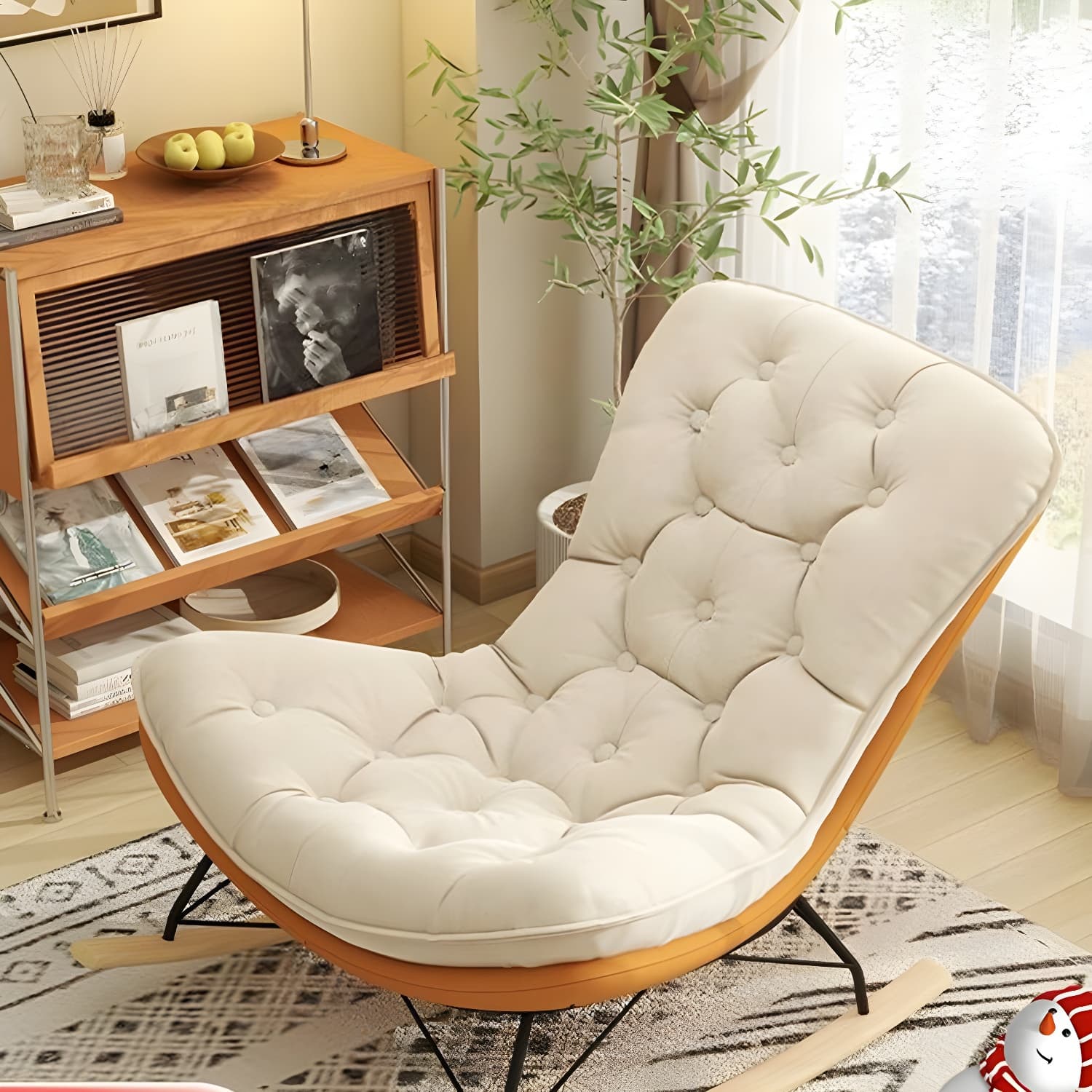 Contemporary Rocking Chair with Spindle Back, Tufted Upholstered and Wood Legs thumbnail 8