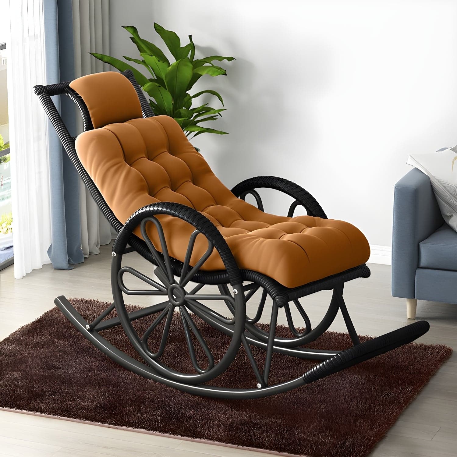 Modern Rocker Wicker Removable Cushions Tufted with Gray Frame Rocking Chair thumbnail 3