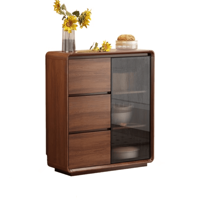 Espresso Sideboard with 3 Drawers, Locker Cabinet, Narrow Size, Compartment Storage, Glass-panel Door, and Flexible Shelf thumbnail 4