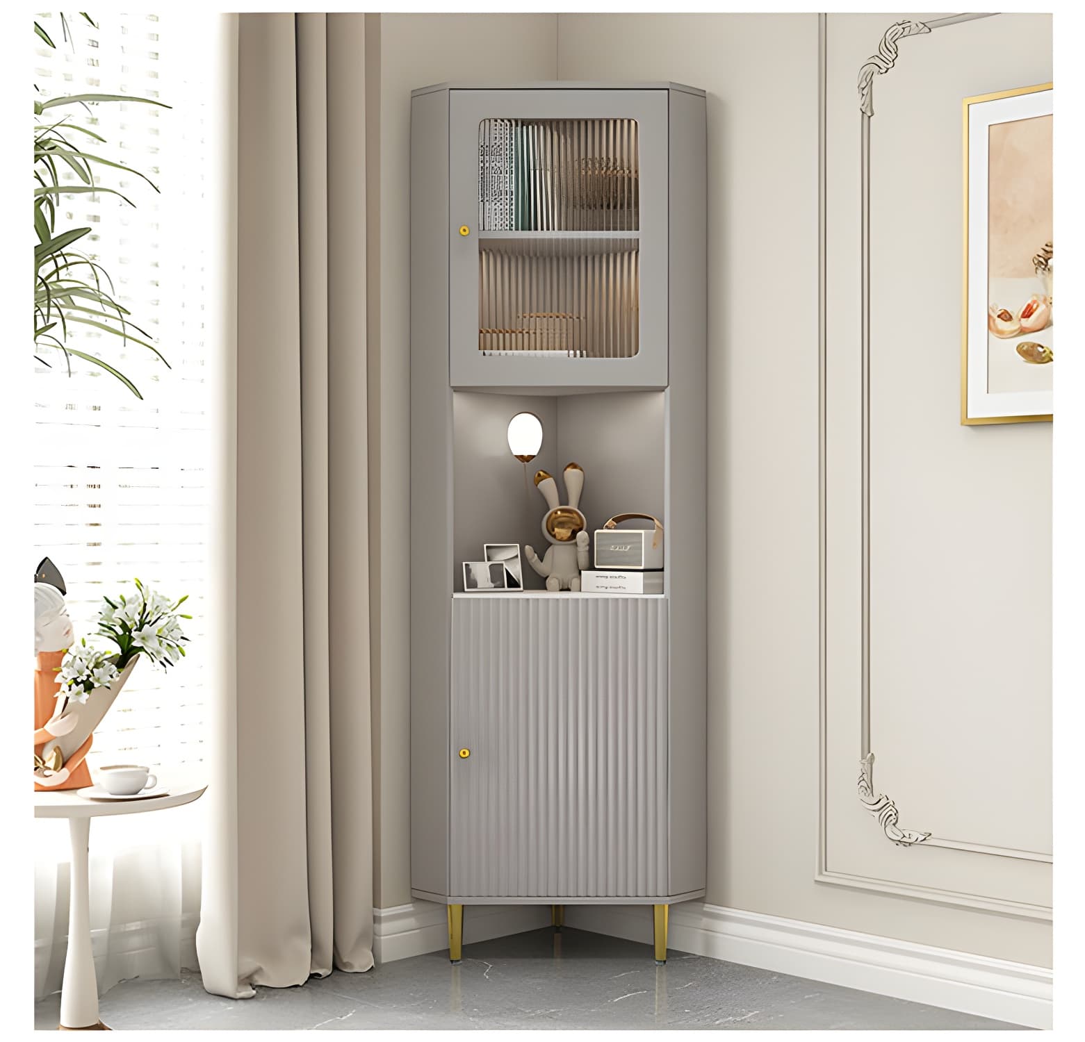 White Corner Modern Accent Cabinet with Stone Countertop, Glass Doors, and Cabinet Included thumbnail 12