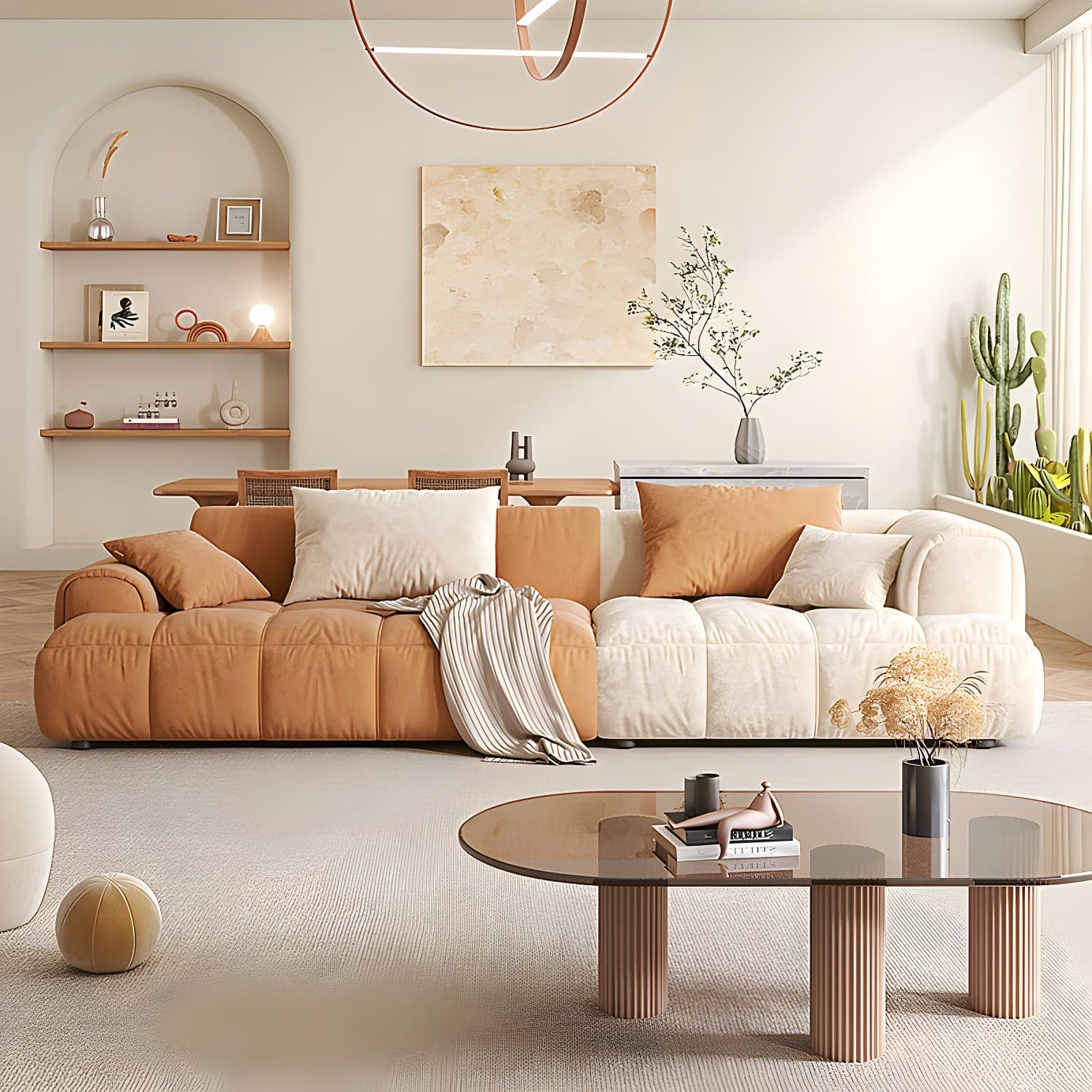 Velvet Round Arm Sectionals 24.8"High Tight Back Sofa with 4 Pillows thumbnail 3