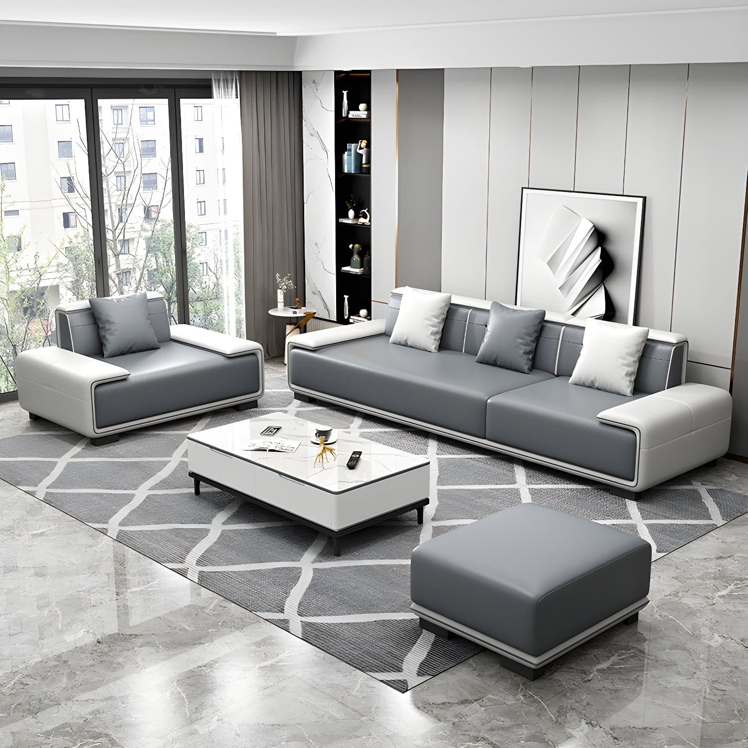 Faux Leather Sofa & Chaise with Pillows Modern U Sofa in Gray - 29.53" H thumbnail 9