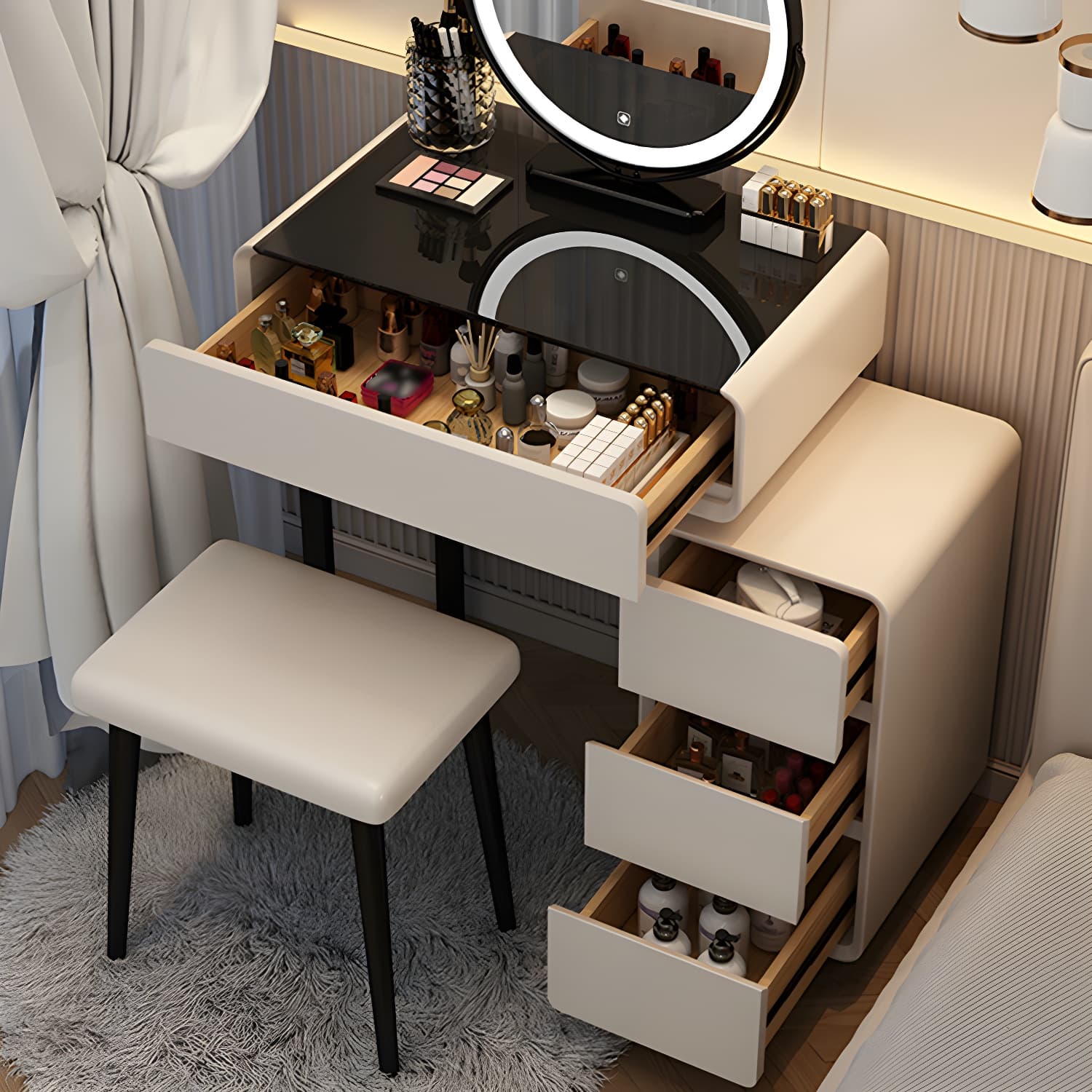 Modern Gray Makeup Vanity with Mirror & Drawers & Seat Included thumbnail 7