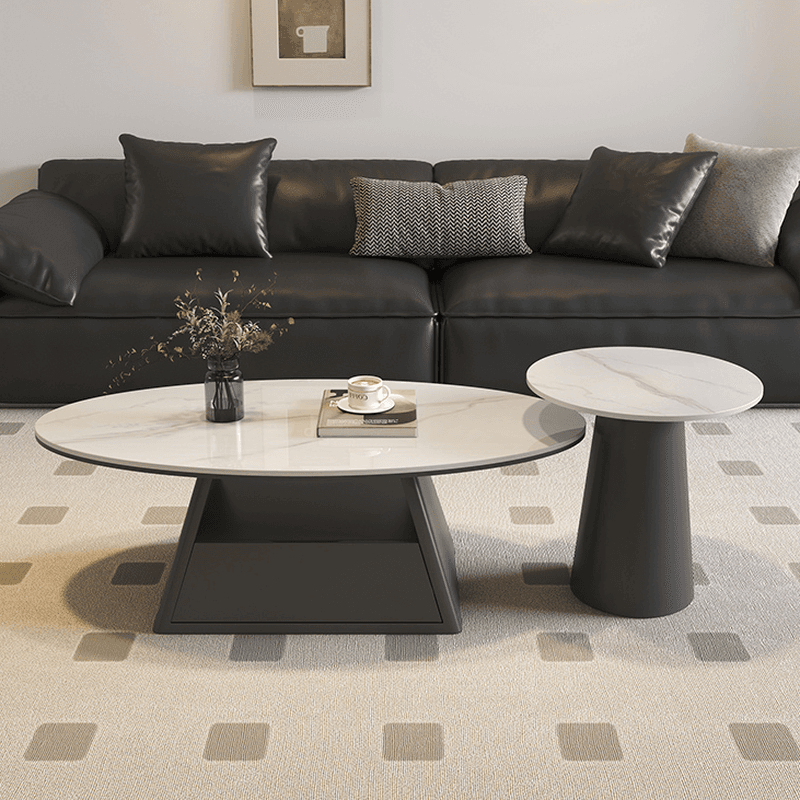 Single Board Game Coffee Table with Slate Top and Base, Elliptical Shape, 1 Drawer, and 1 Shelf thumbnail 4