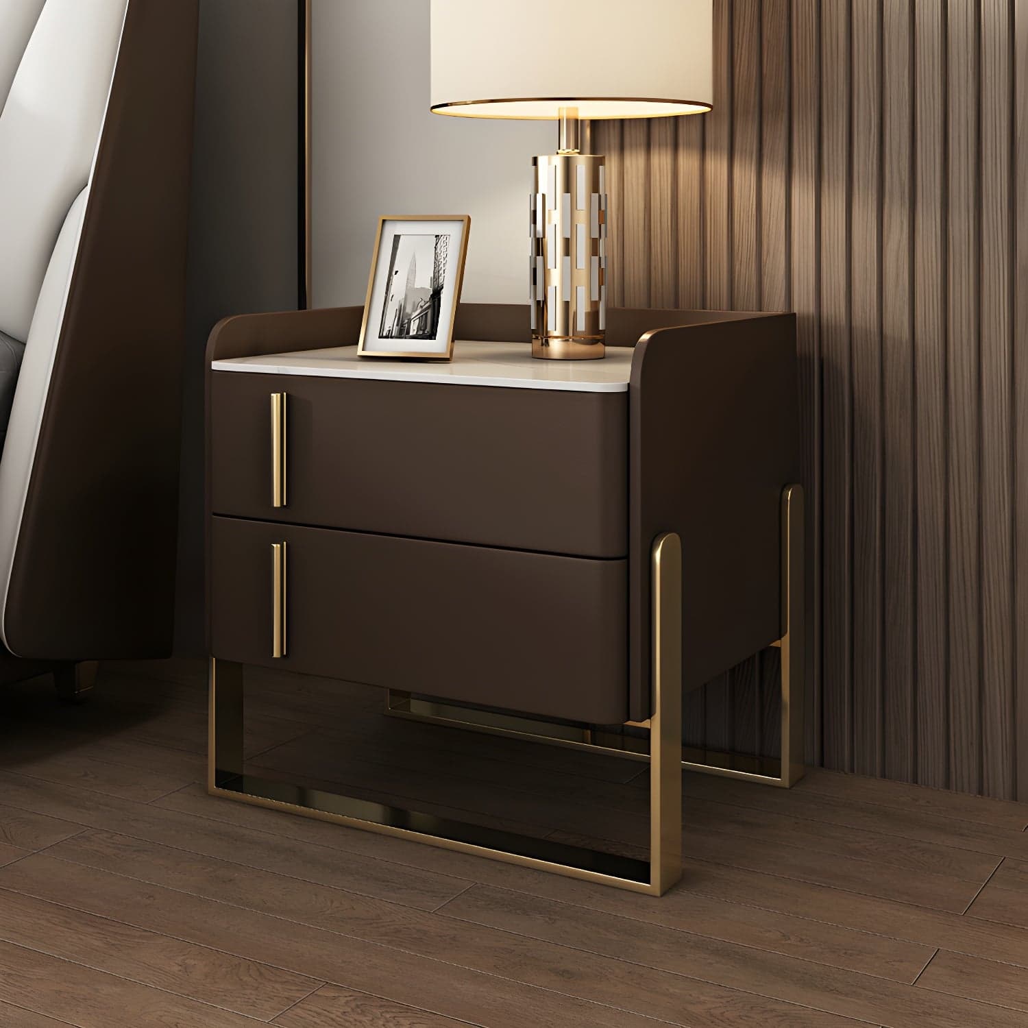 Glam Nightstand with 2 Drawer 20-inch Tall Leather Night Table thumbnail 6