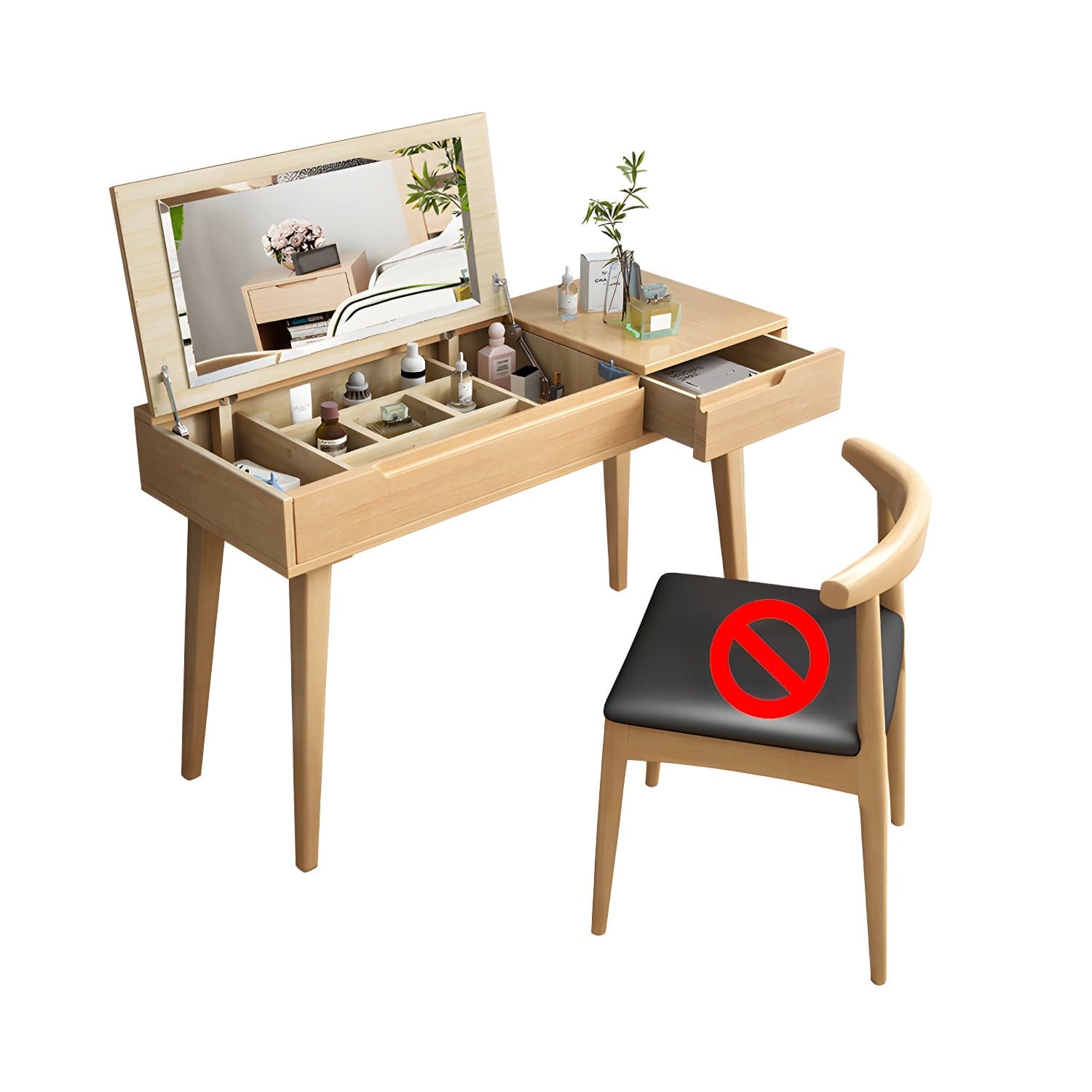 Scandinavian Solid Wood Vanity Makeup Table Set 1 Drawer Flip-Top Dressing Table thumbnail 2
