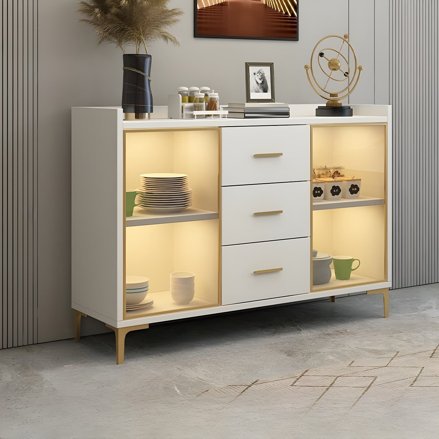 Glam Wood Sideboard with Glass Doors, Lighting Included, and Adjustable Shelves thumbnail 6