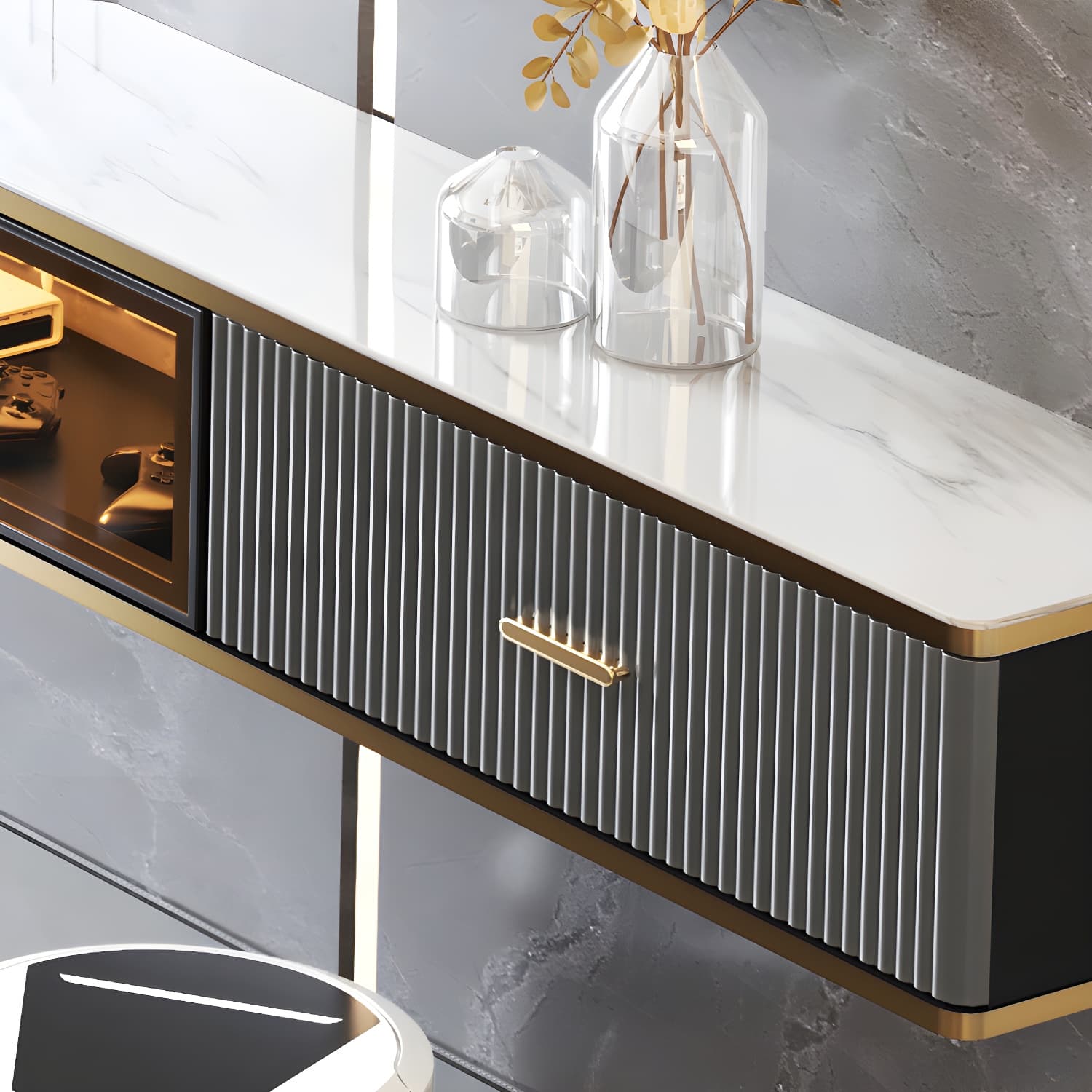 Glam Floating TV Media Stand with Drawers Stone and Wood TV Stand thumbnail 13