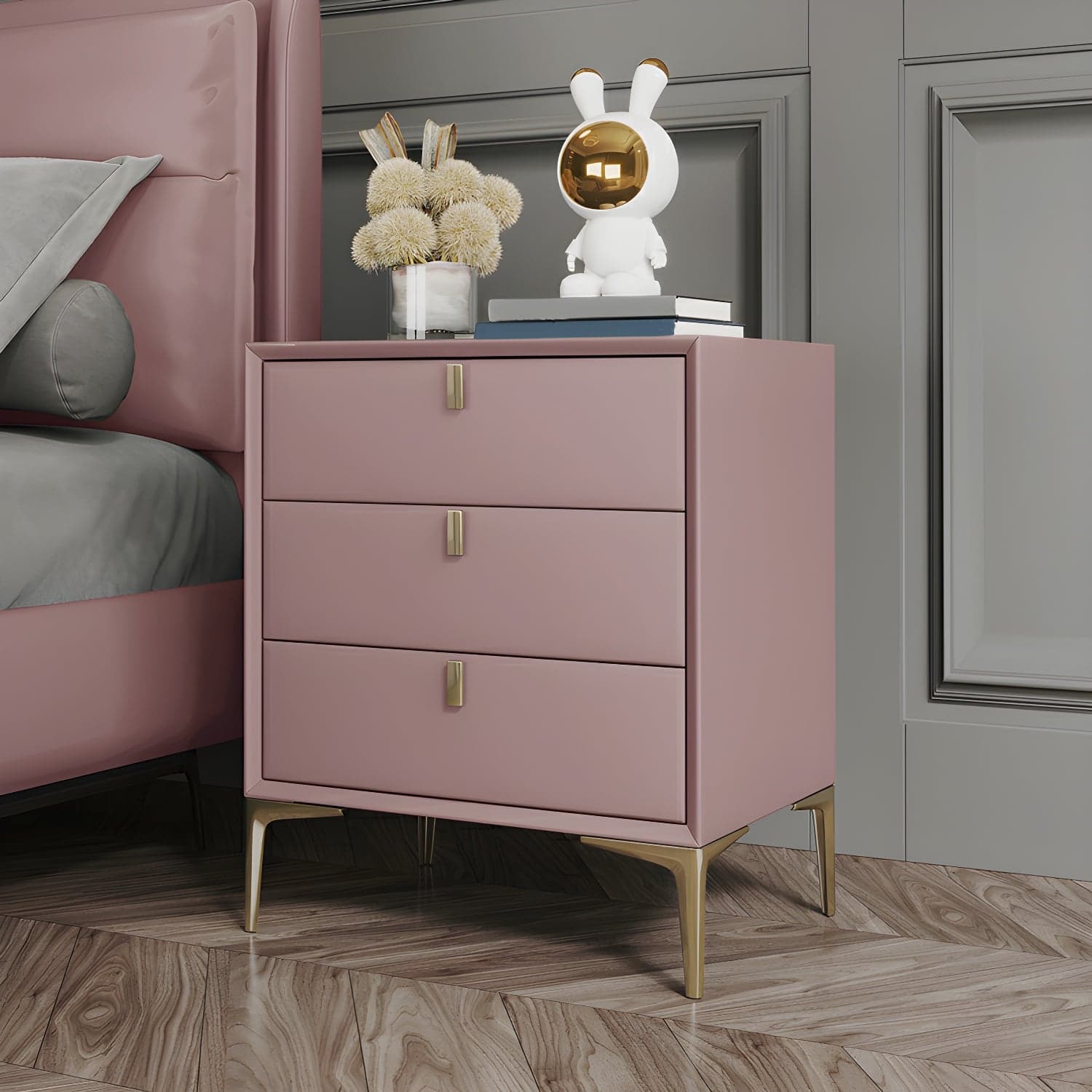 Glam Style Solid Wood 3-Drawer Nightstand with Legs for Bedroom thumbnail 11