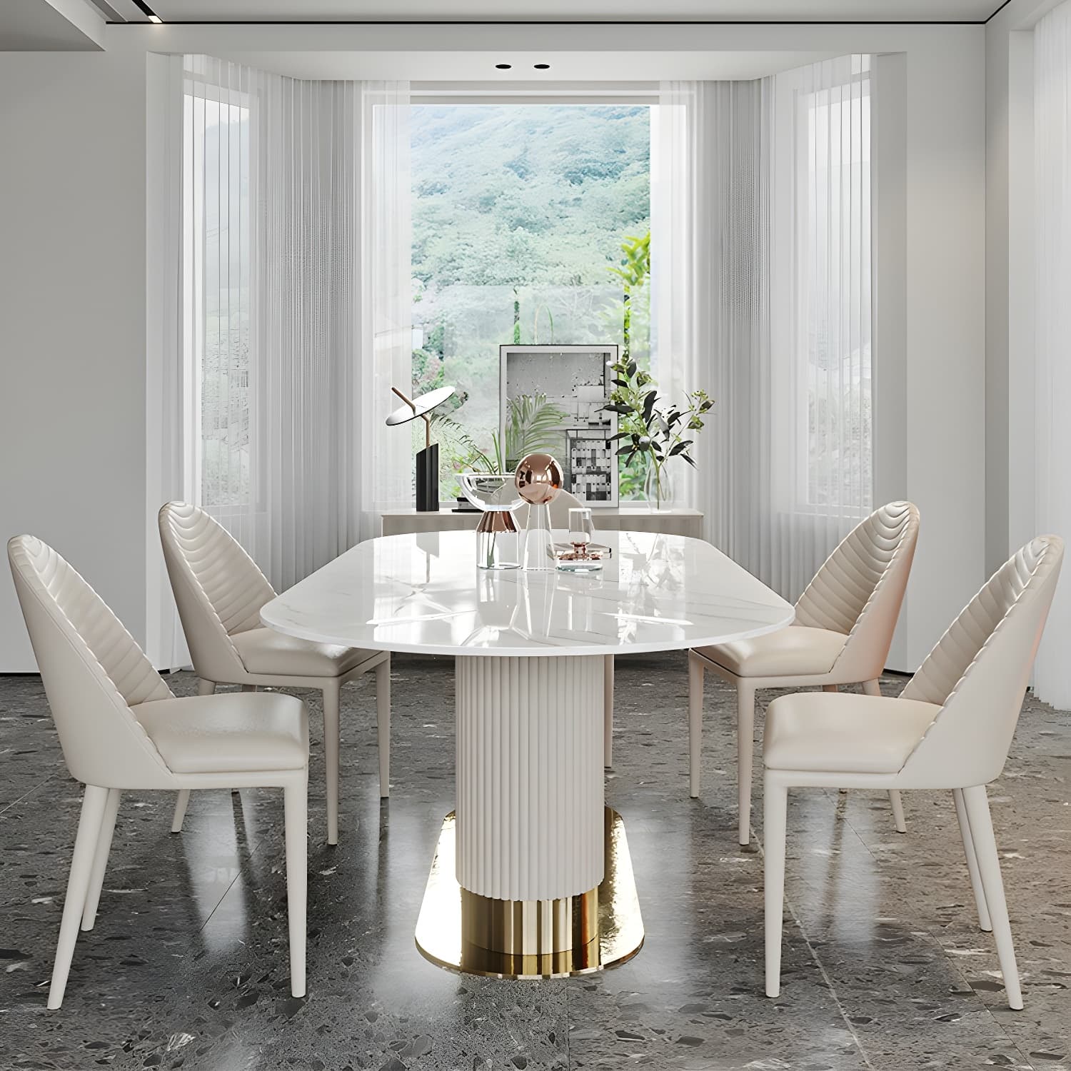 Oval Shape Fixed Kitchen Table Sintered Stone Pedestal Dining Table thumbnail 3