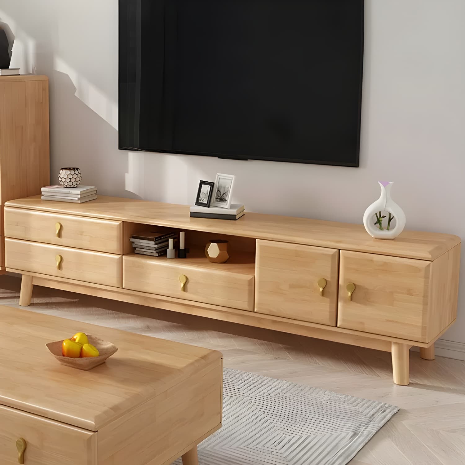 Scandinavian with Drawers Rubberwood with Cabinet TV Media Console thumbnail 6